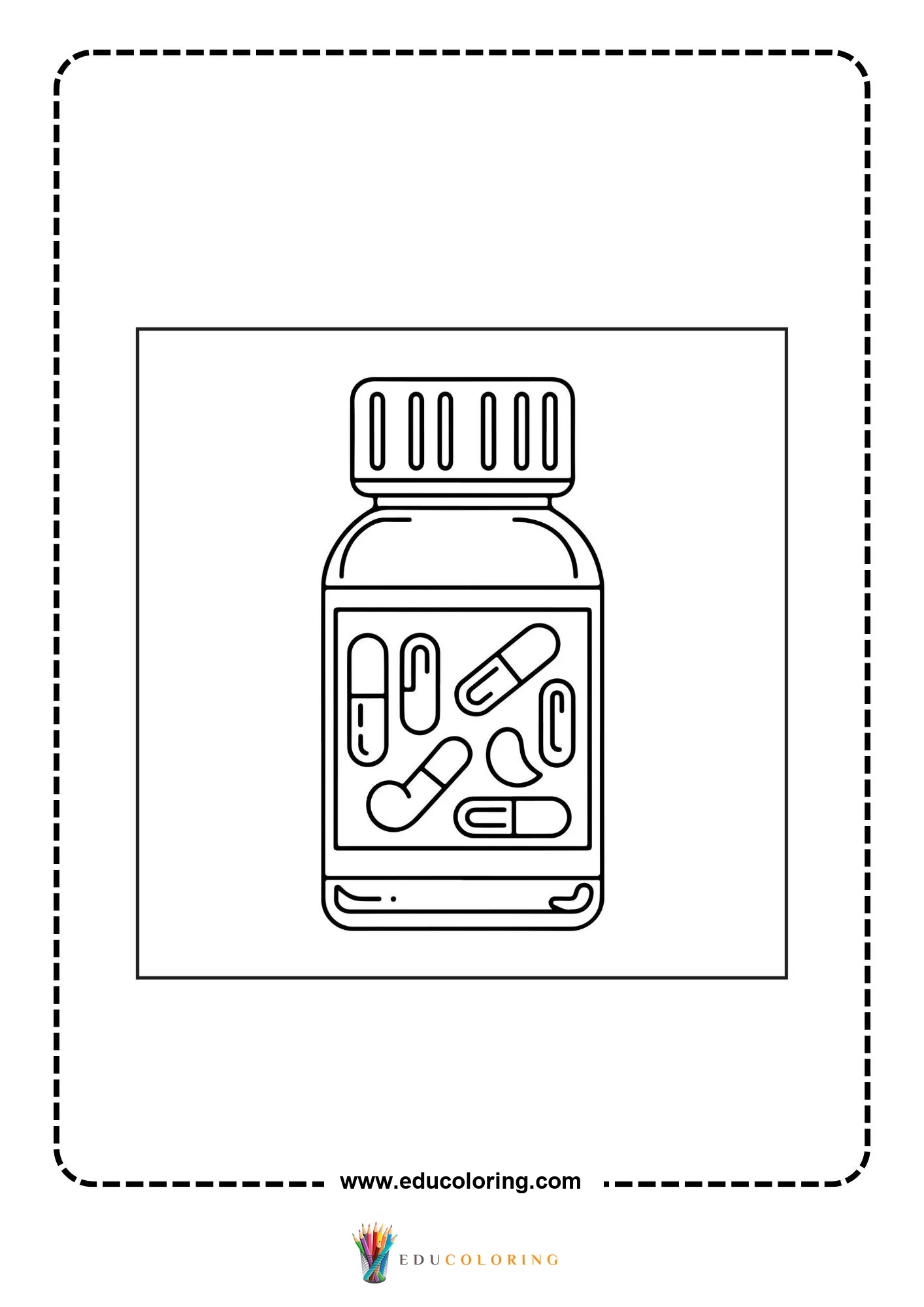 Medical coloring page with pills and prescription sheet