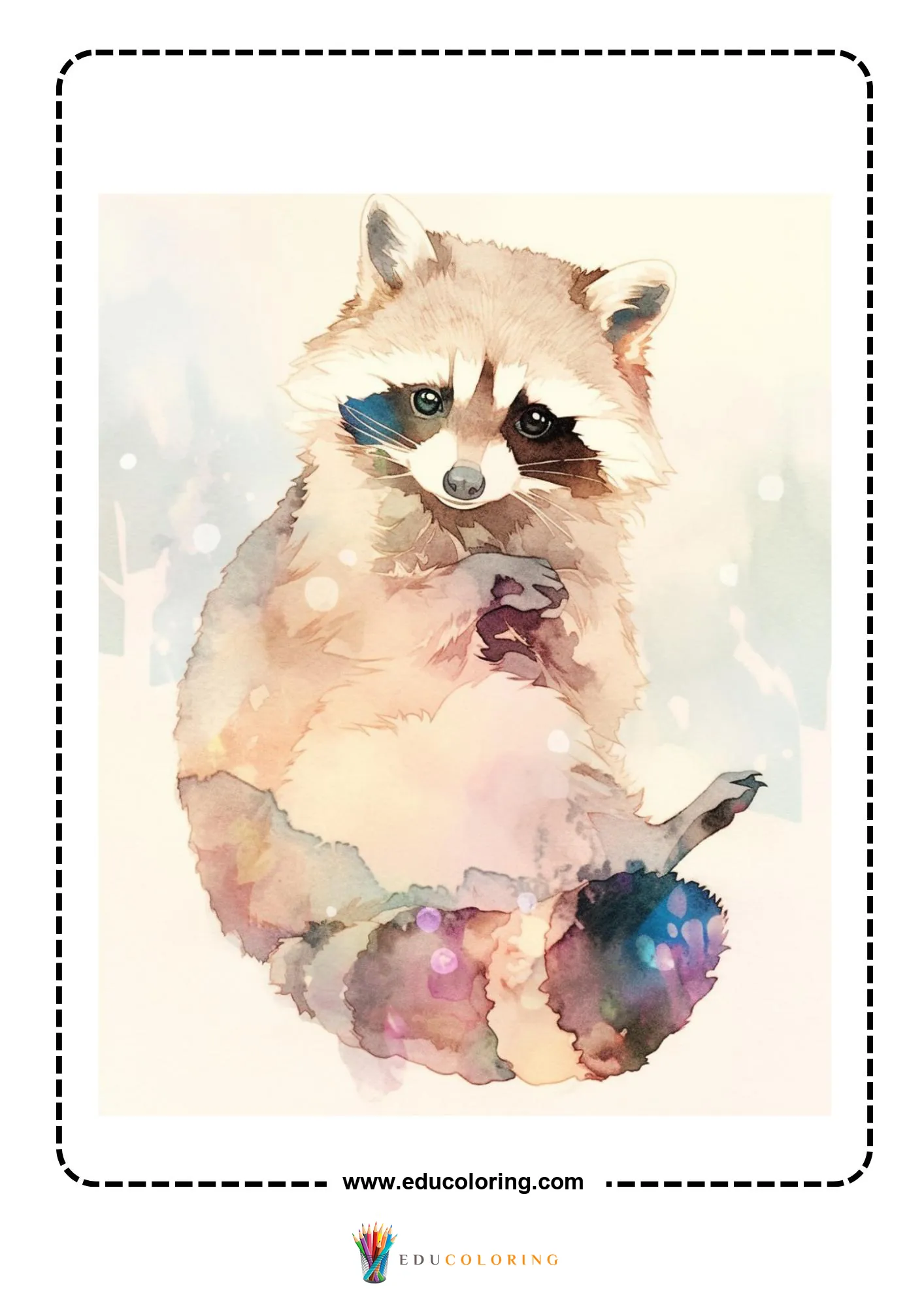 Reverse animal coloring page with expressive watercolor animal portrait