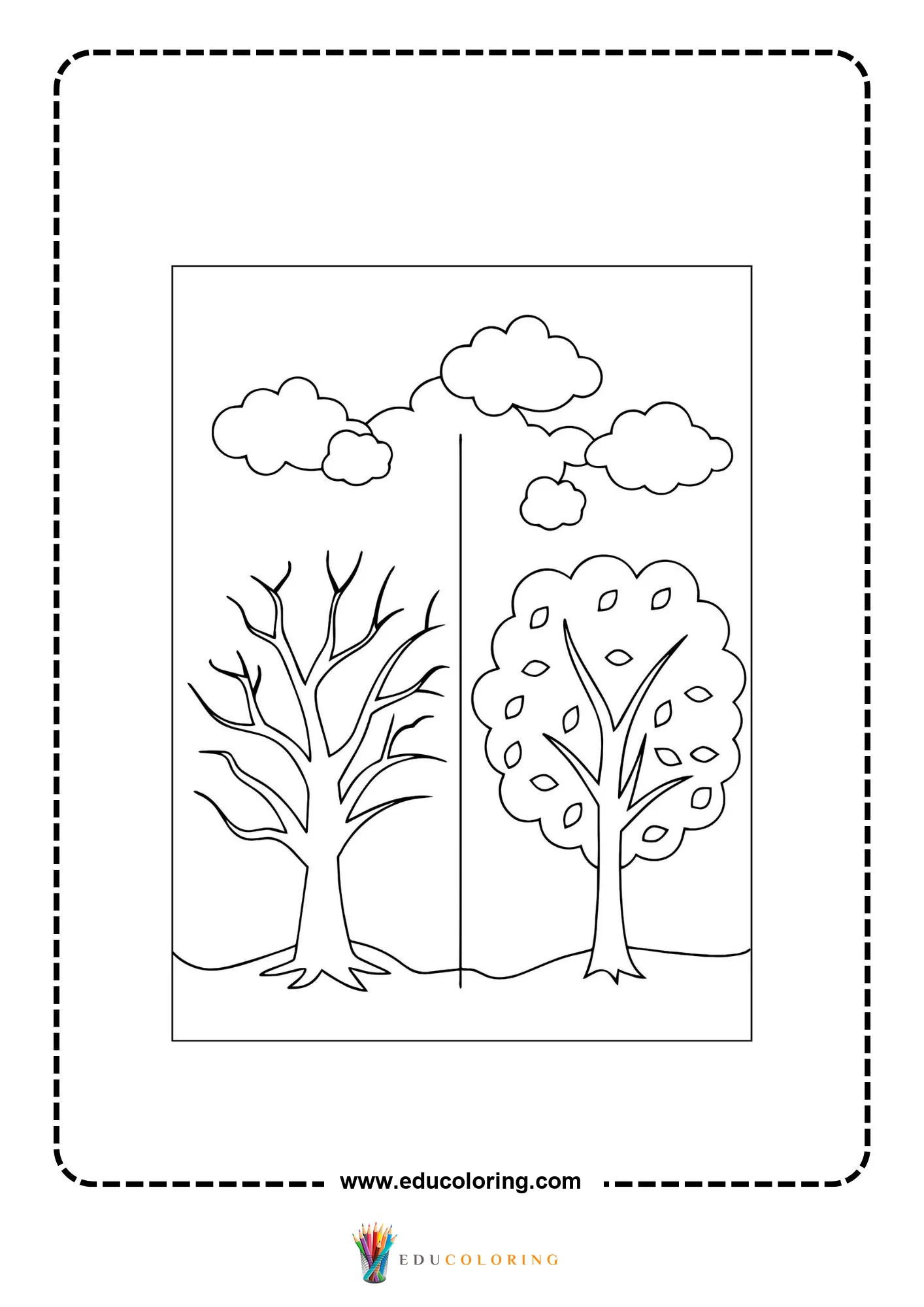 Global warming coloring page with healthy tree and dry tree comparison