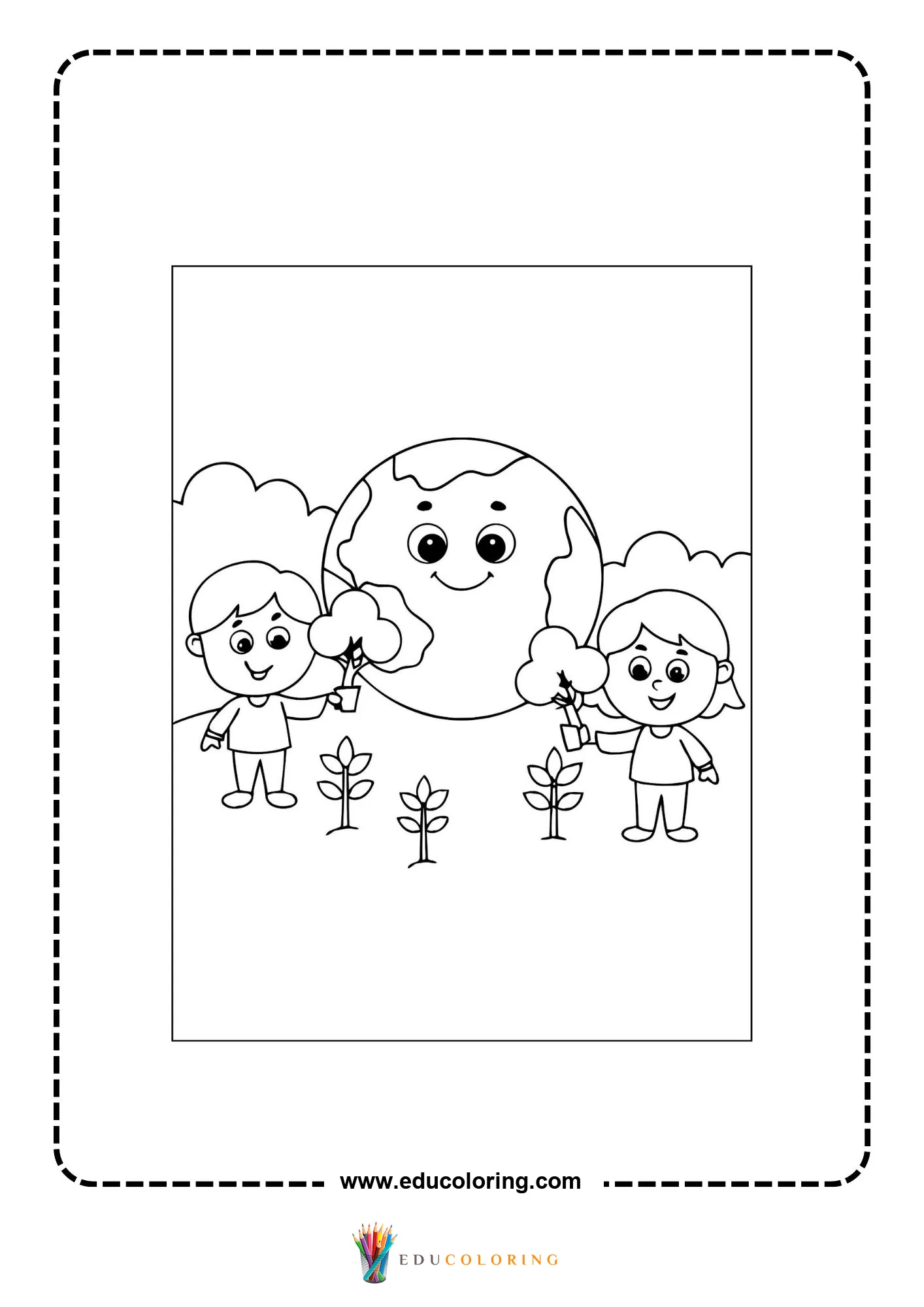 Global warming coloring page with planet Earth and nature symbols