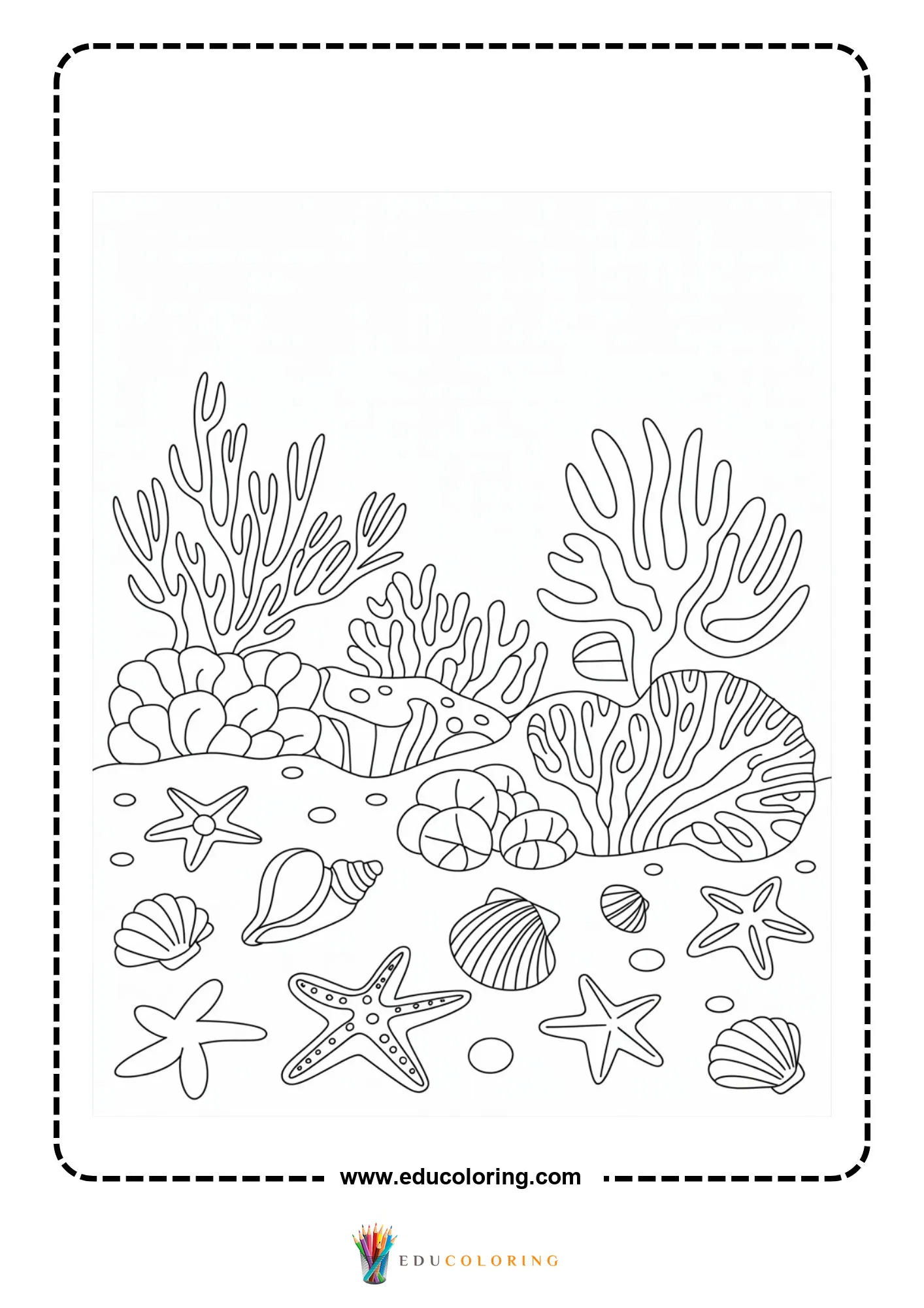 Ocean coloring page with seaweed, coral, and small fish