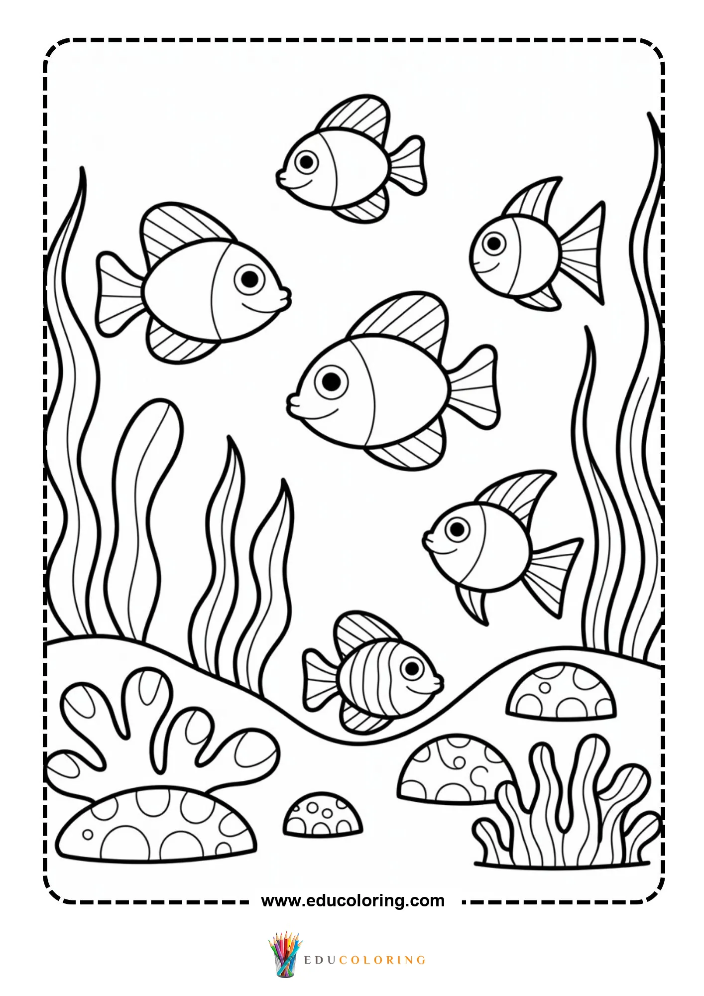 Ocean coloring page with coral reef and swimming fish