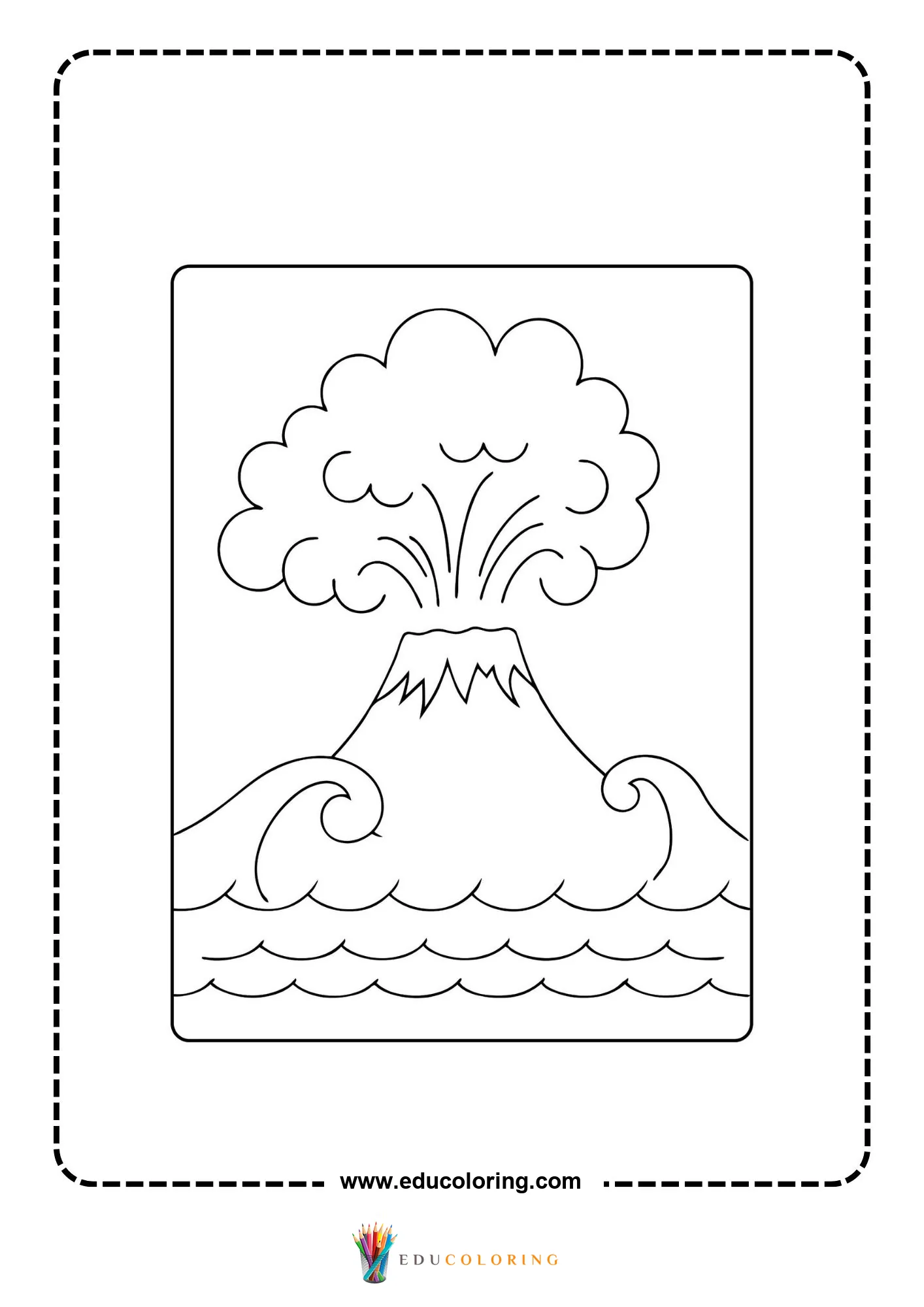 Volcano coloring page with smoke plume and rocky ground