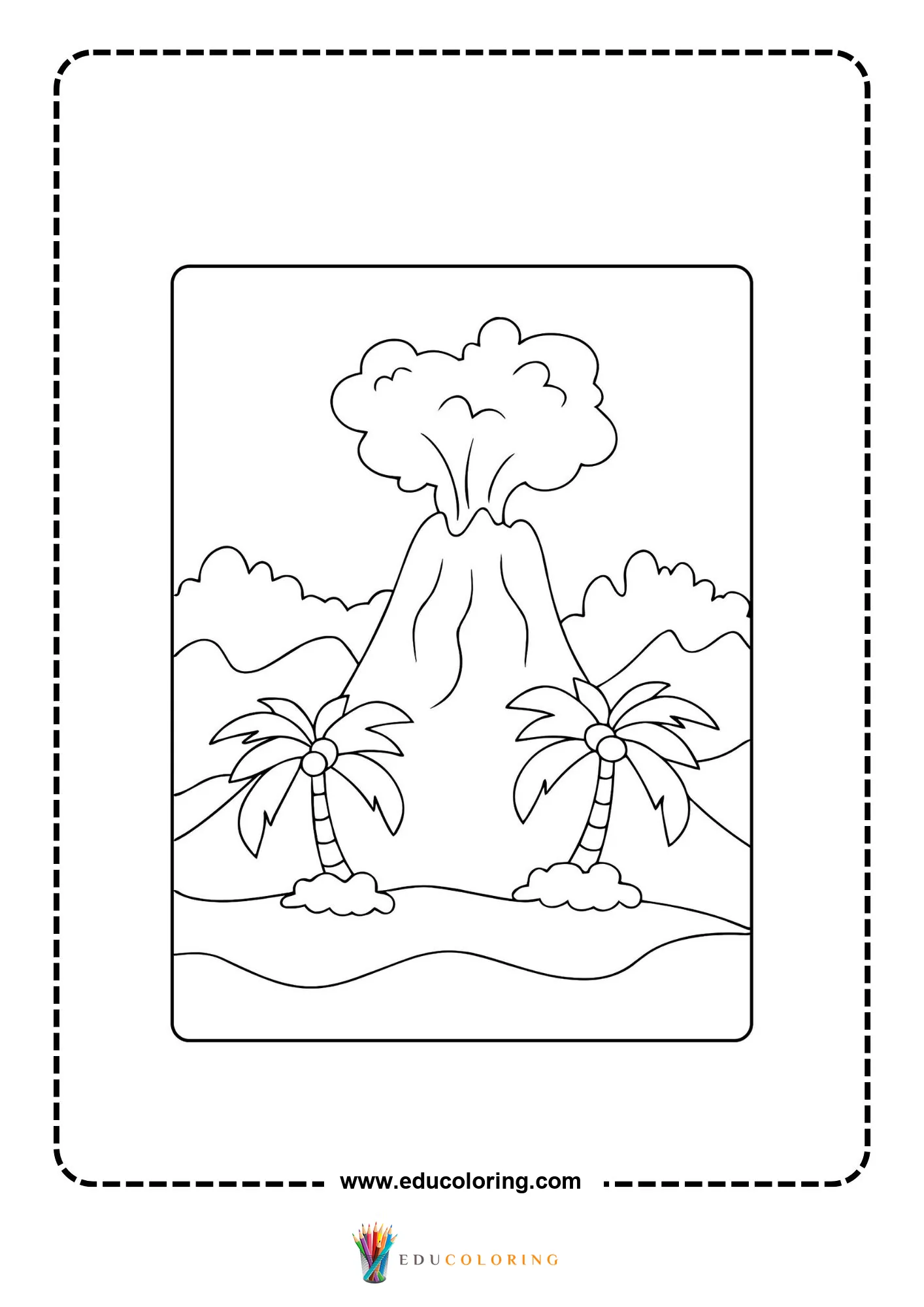 Volcano coloring page with volcano and distant hills