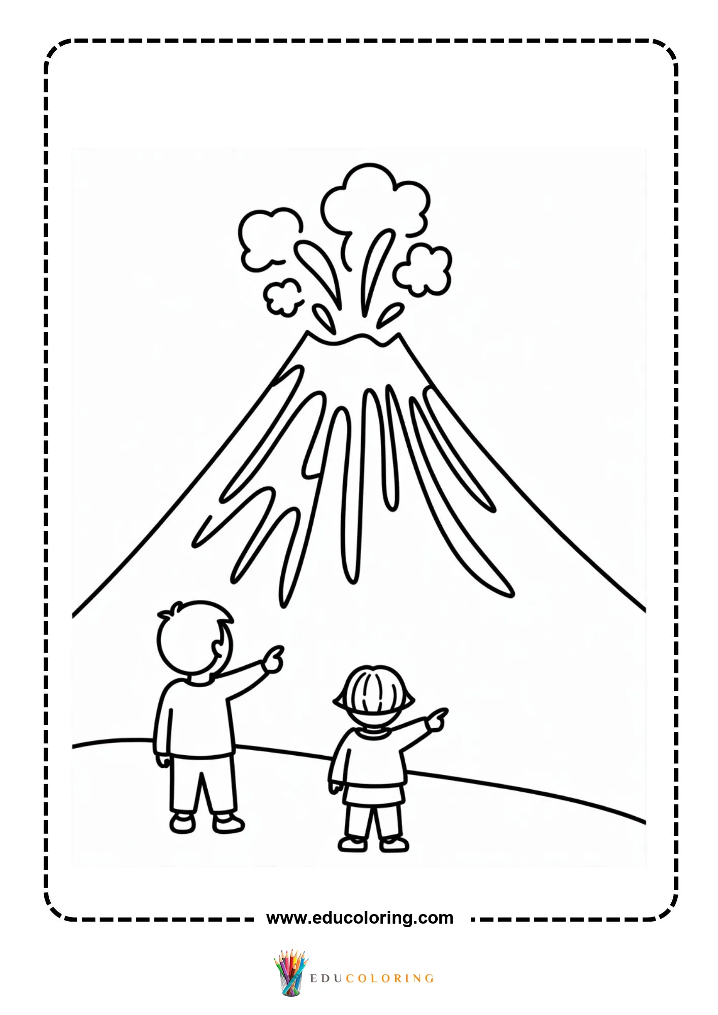 Volcano coloring page with lava splashes above the crater