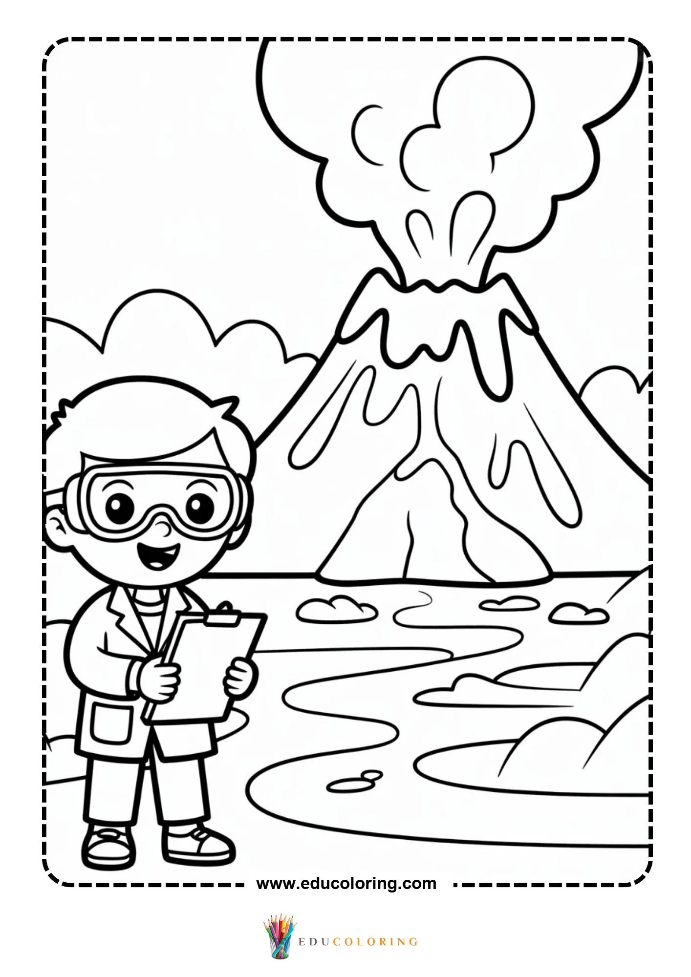 Volcano coloring page with active volcano and ash plume