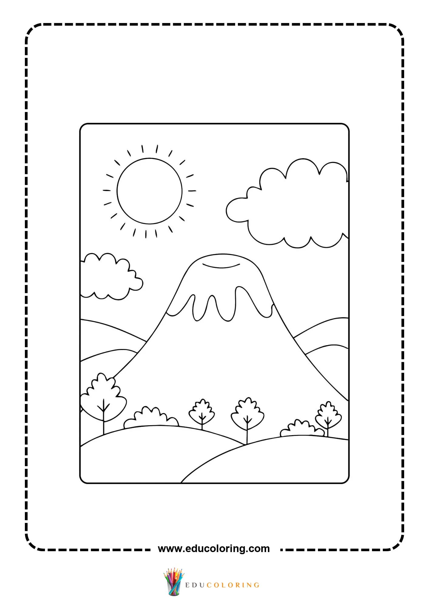 Volcano coloring page with rocks around an erupting volcano