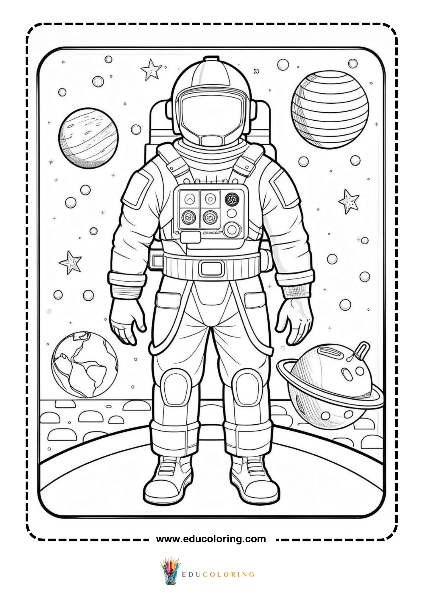 Astronaut coloring page with space suit planets and stars