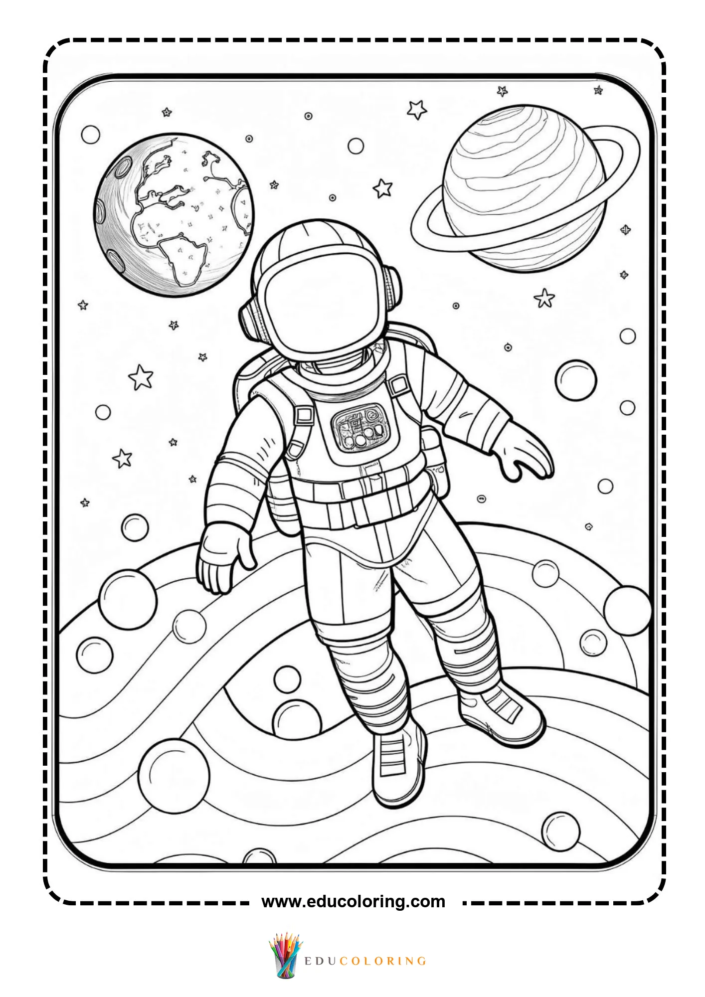 Astronaut coloring page with astronaut standing on moon surface