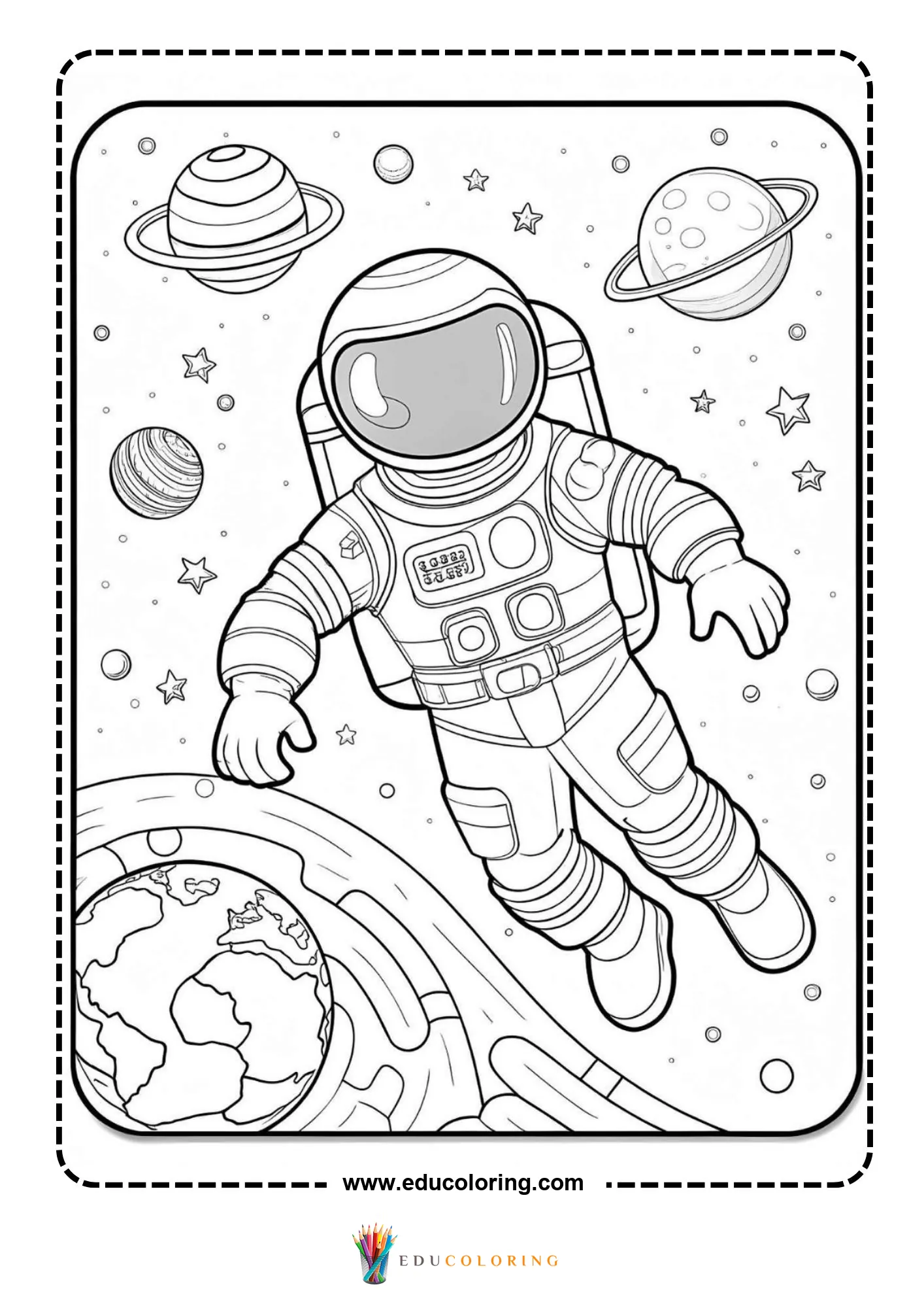 Astronaut coloring page with planets stars and space background
