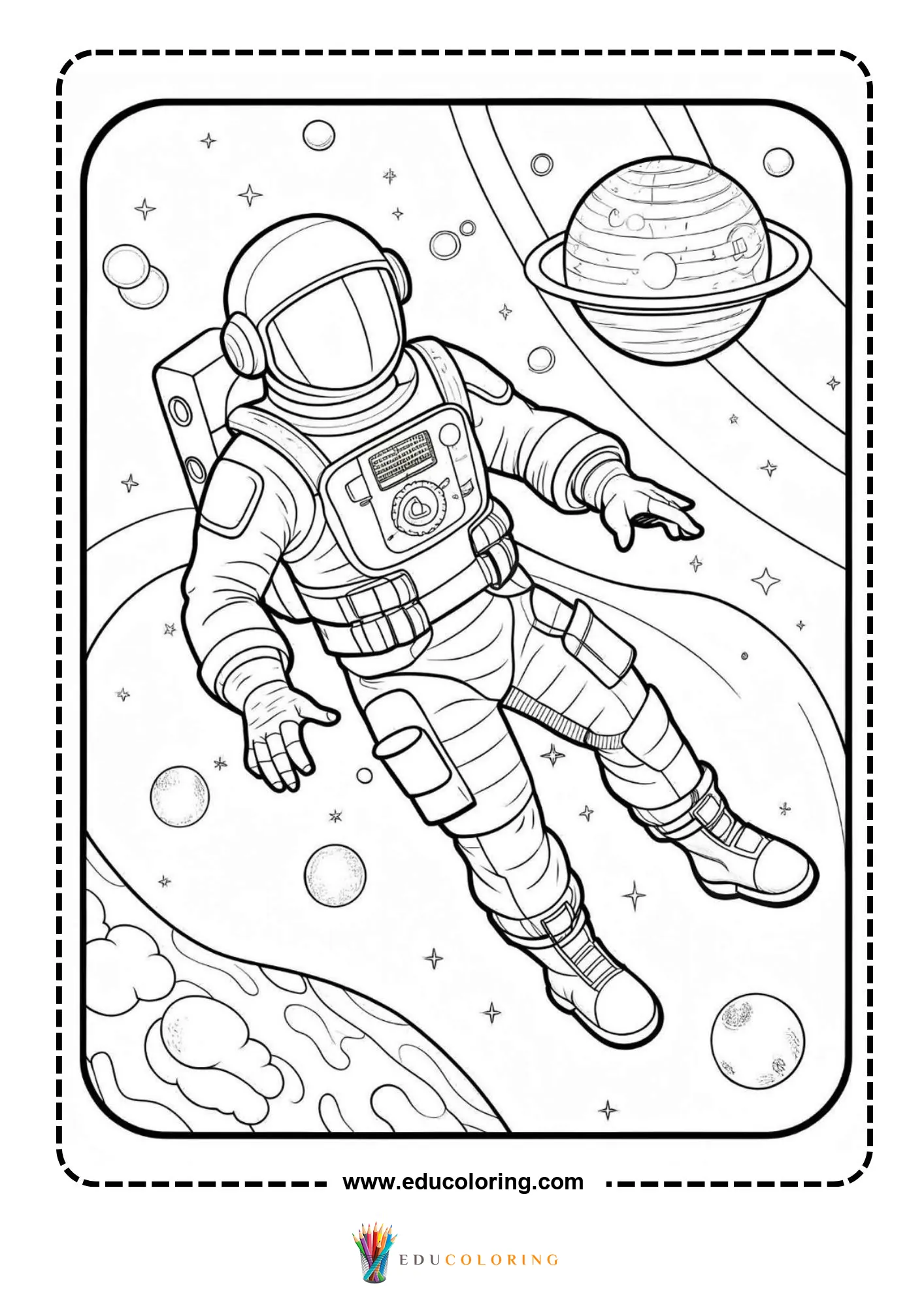 Astronaut coloring page with astronaut near rocket ship