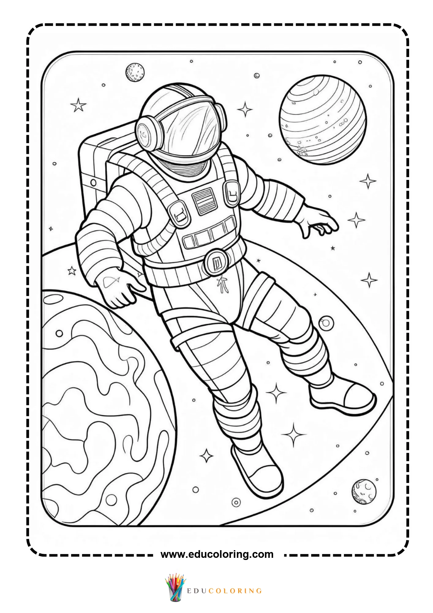 Astronaut coloring page with moon rocks and distant planets