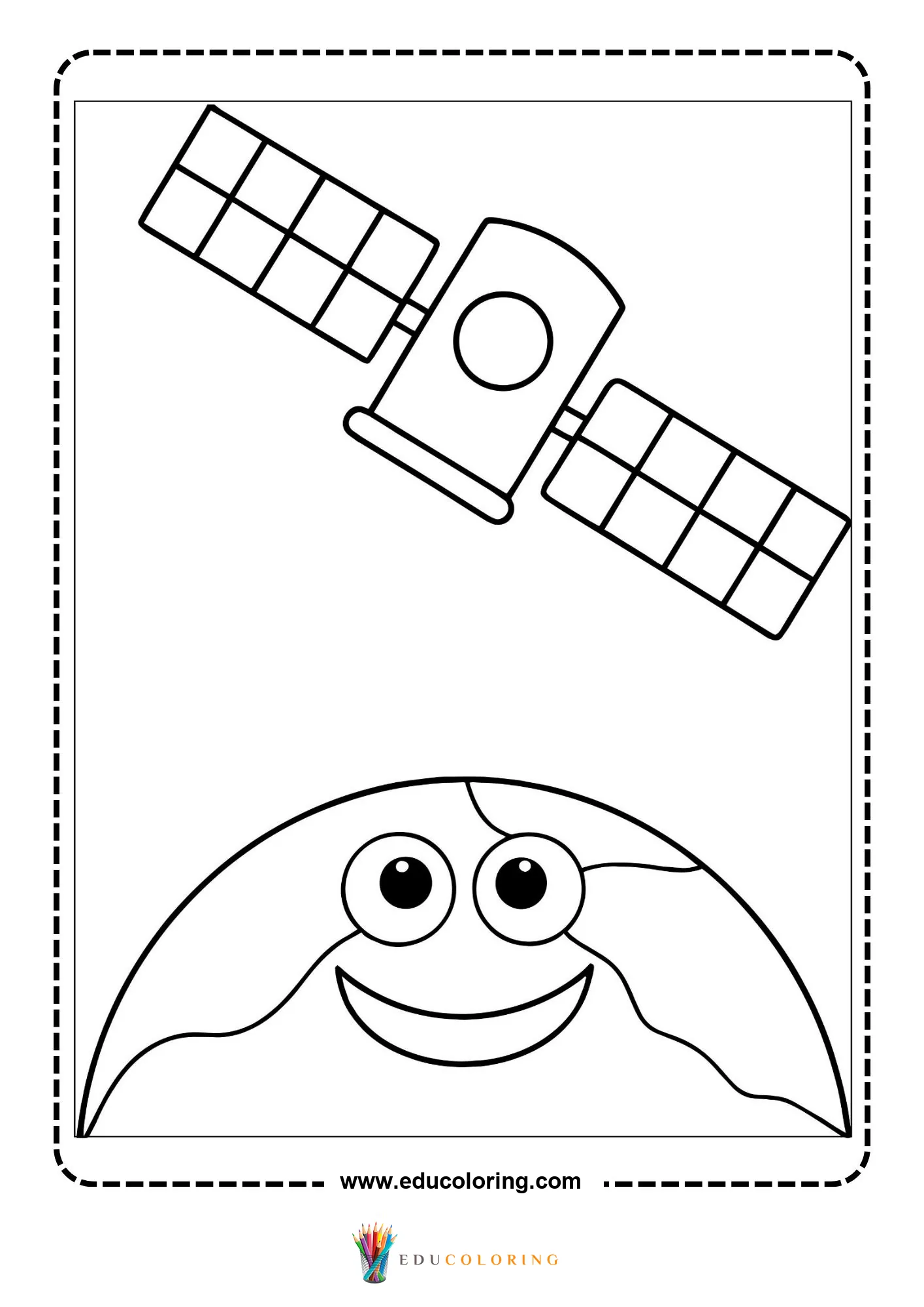 Outer space coloring page with satellite above smiling planet