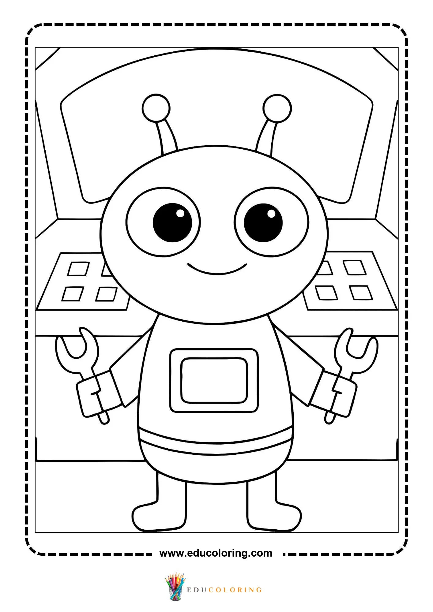 Outer space coloring page with friendly planet and orbiting satellite