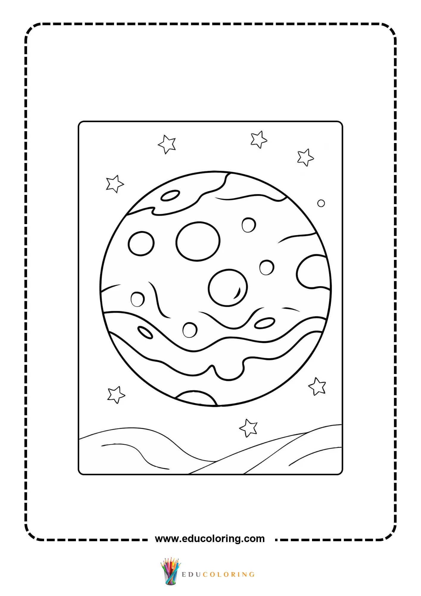 Solar system coloring page with telescope viewing planets