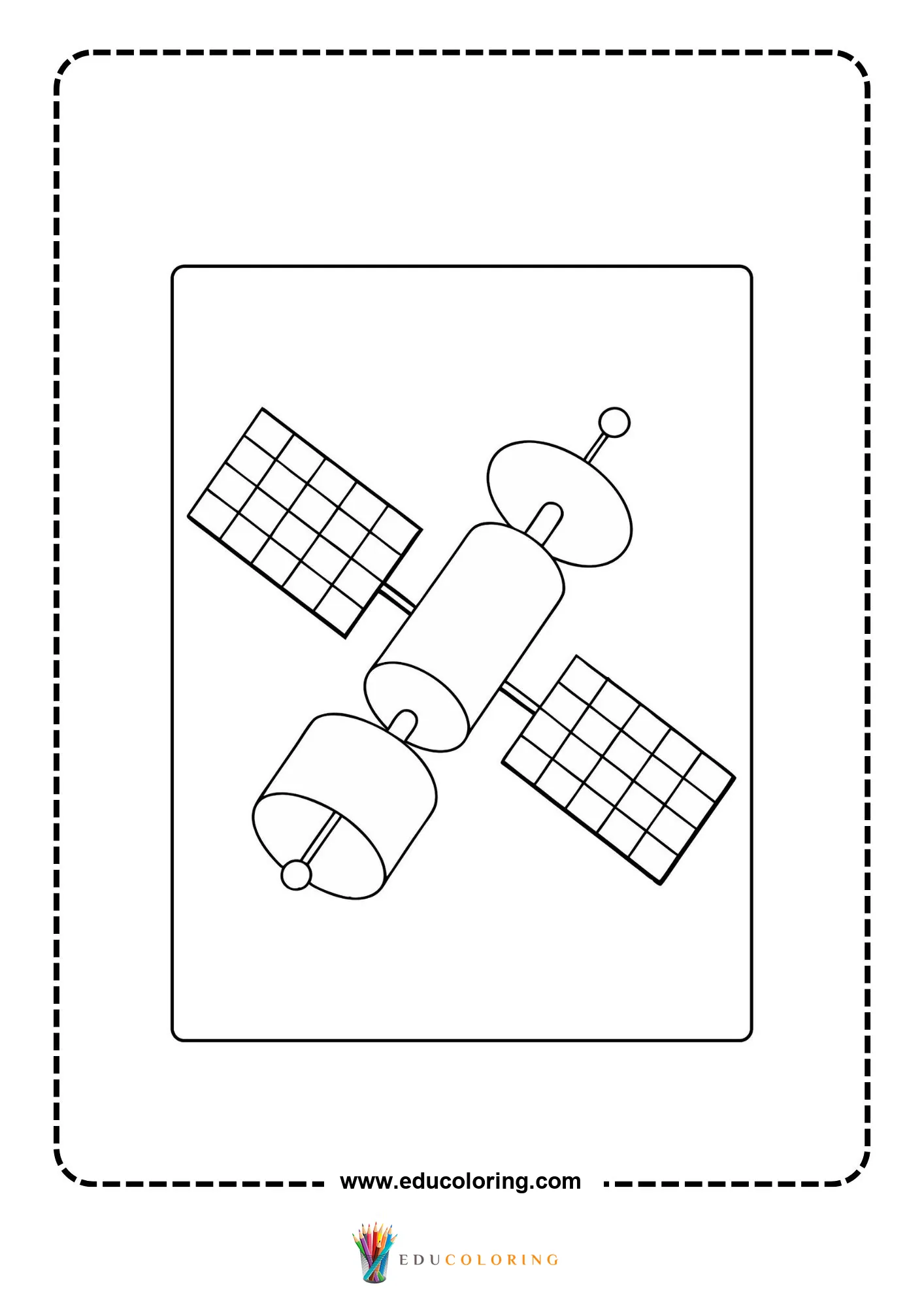Solar system coloring page with satellite and solar panels