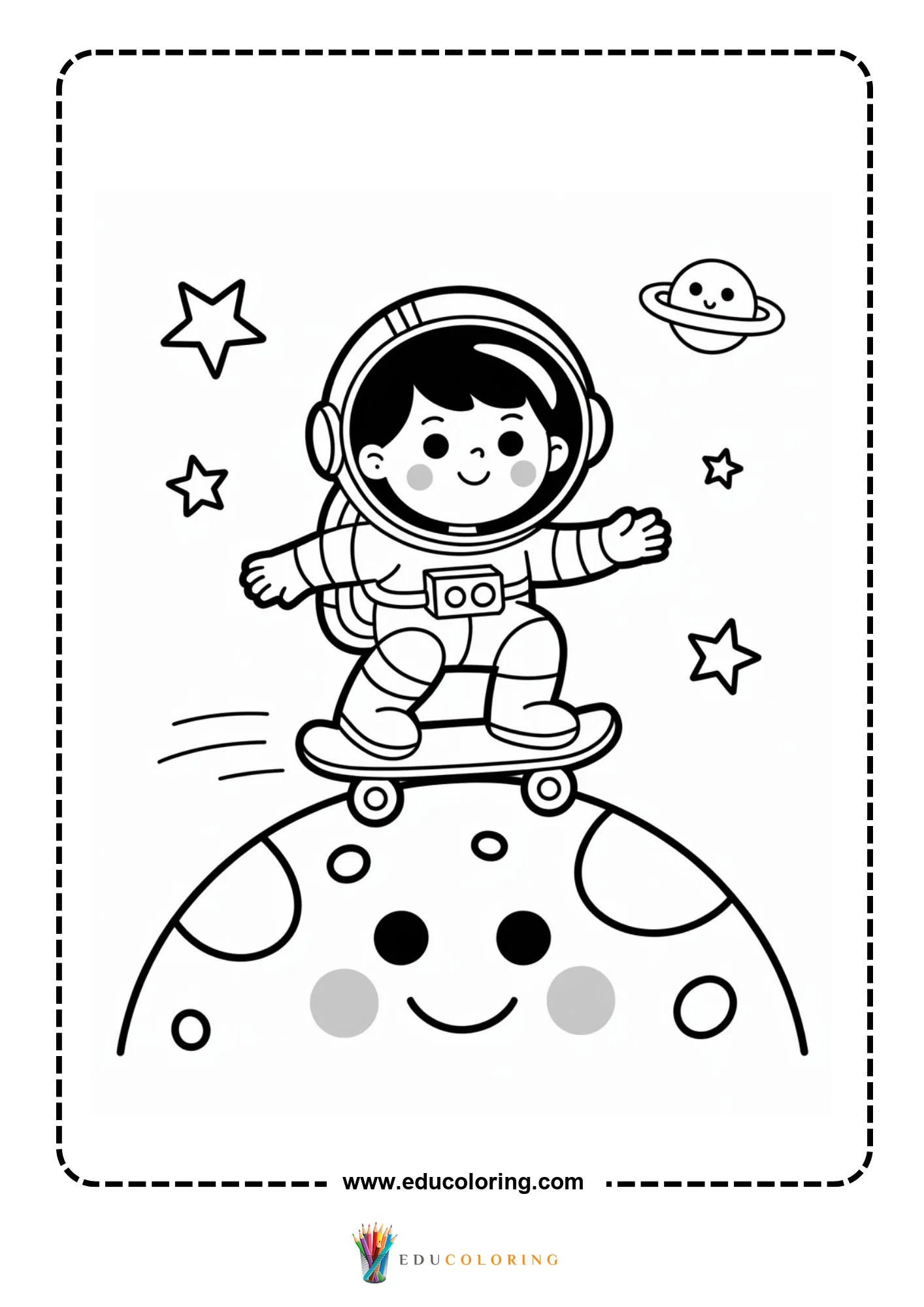 Solar system coloring page with astronaut floating in space