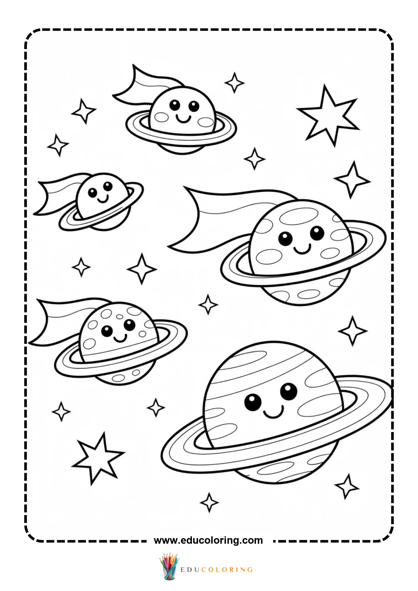 Solar system coloring page with starry sky and planets