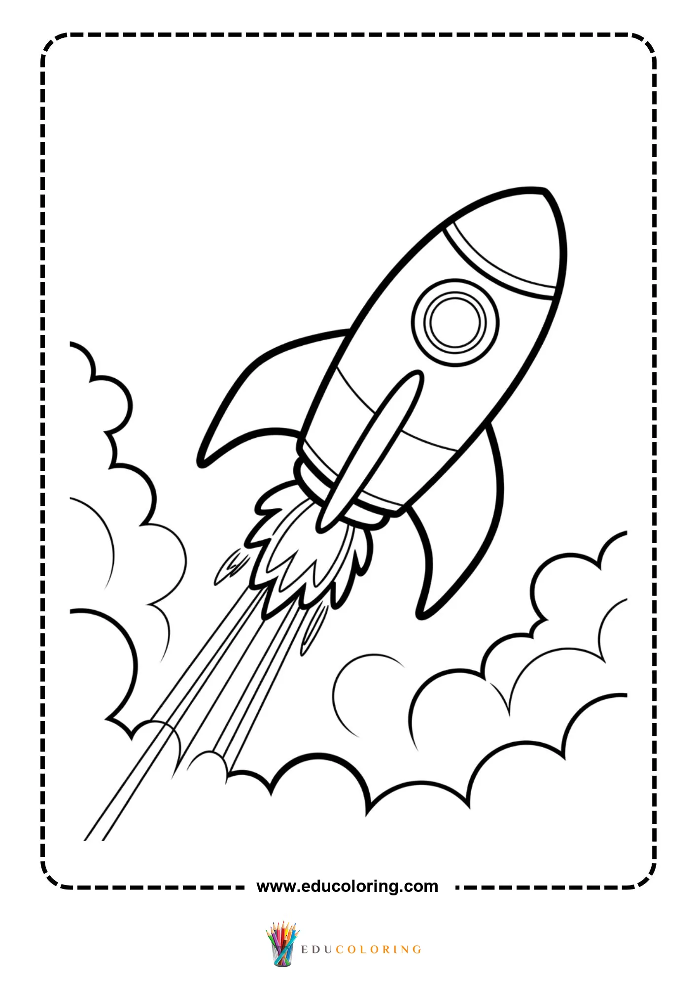 Spaceship coloring page with cartoon space vehicle launch