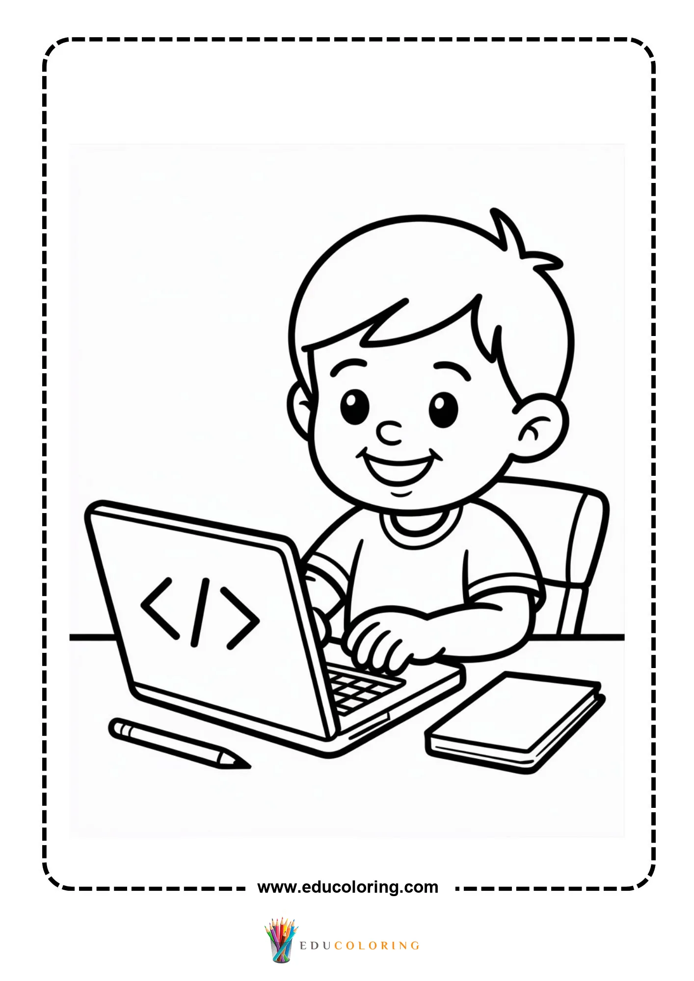 Coding coloring page with laptop and block based commands
