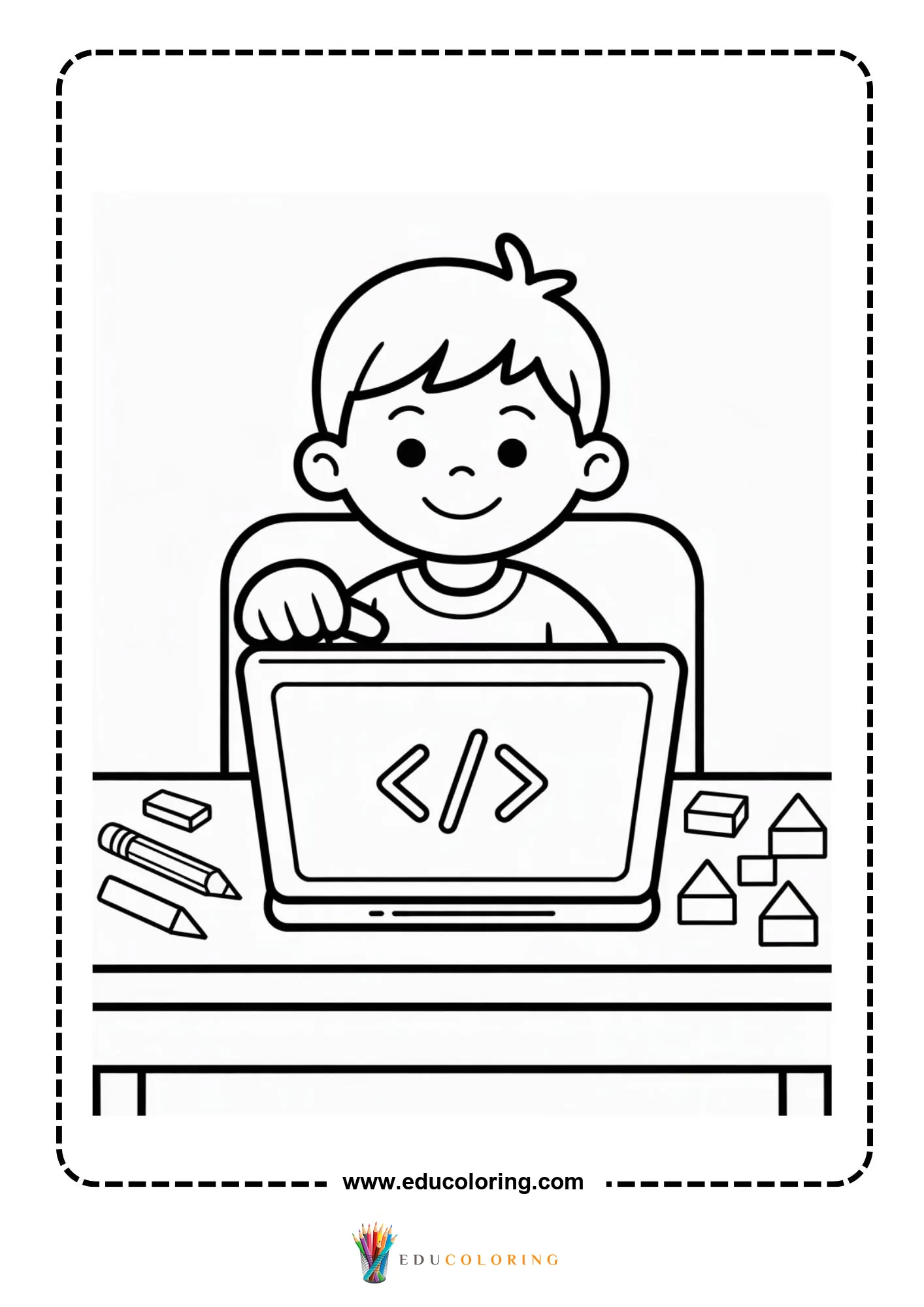 Coding coloring page with programming lesson on a monitor