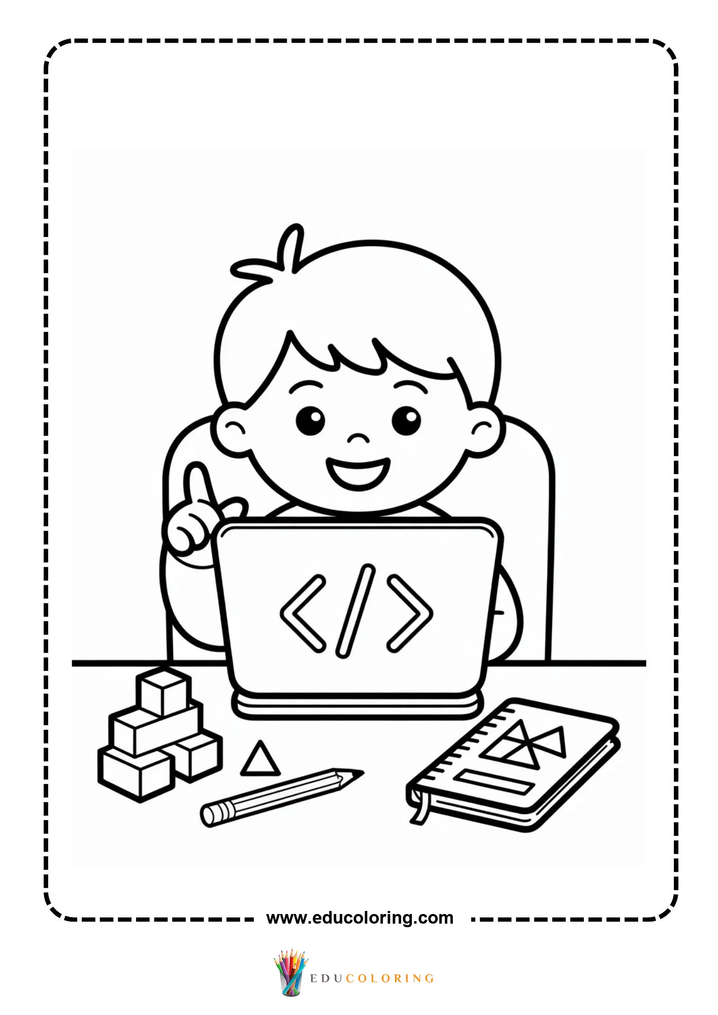 Coding coloring page with kids using computers together
