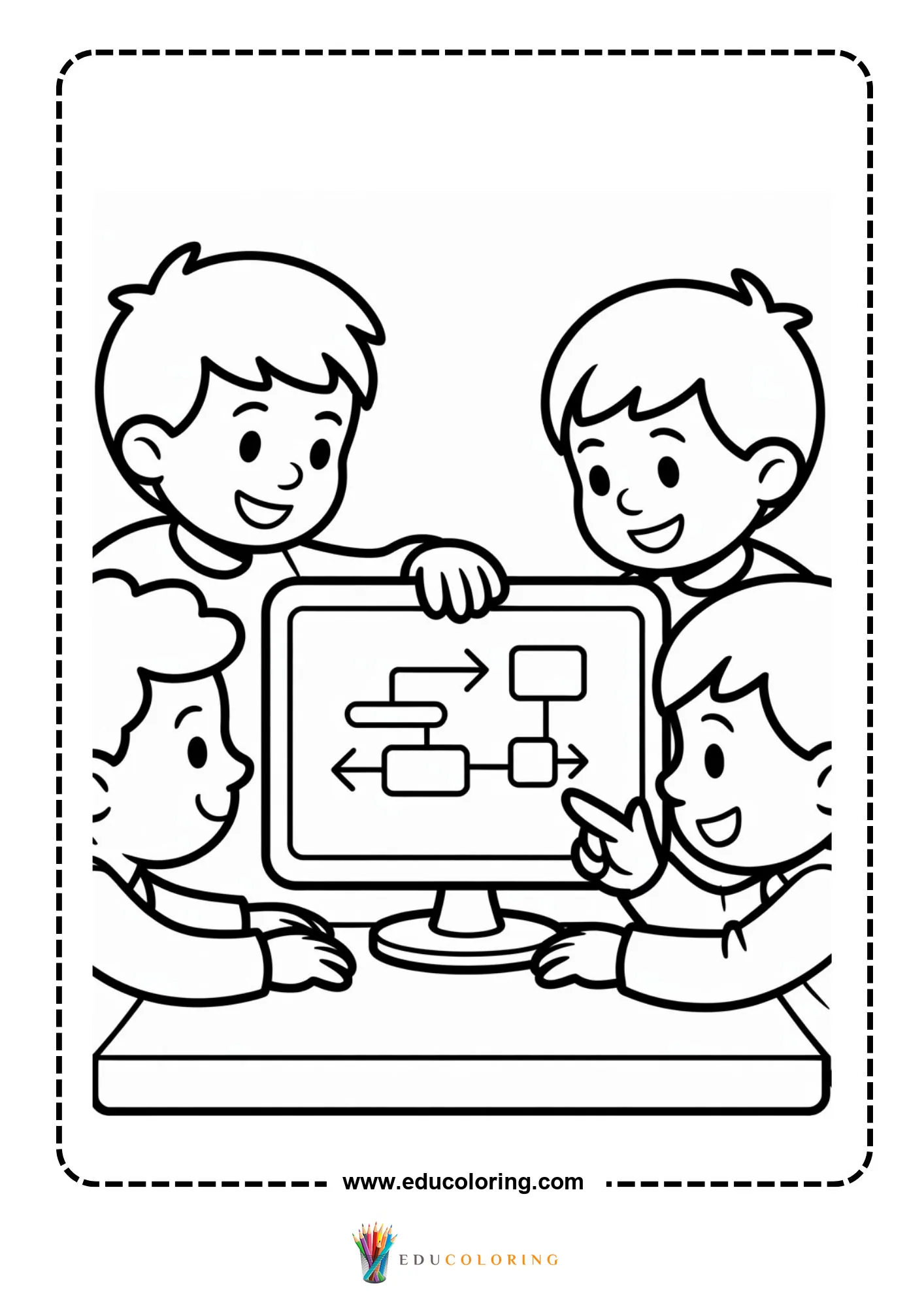 Coding coloring page with code brackets and robot icon