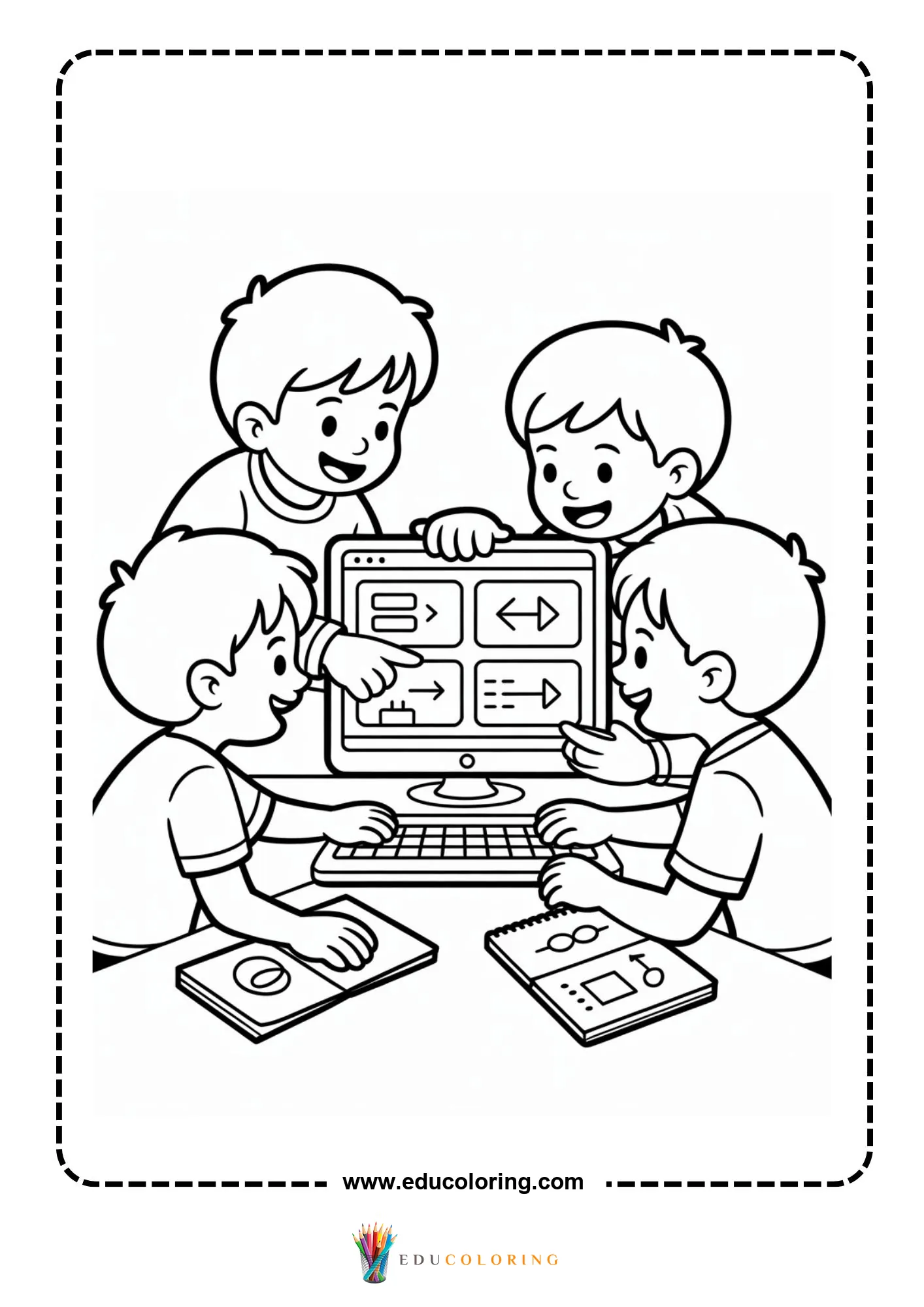 Coding coloring page with children planning code on a desktop computer