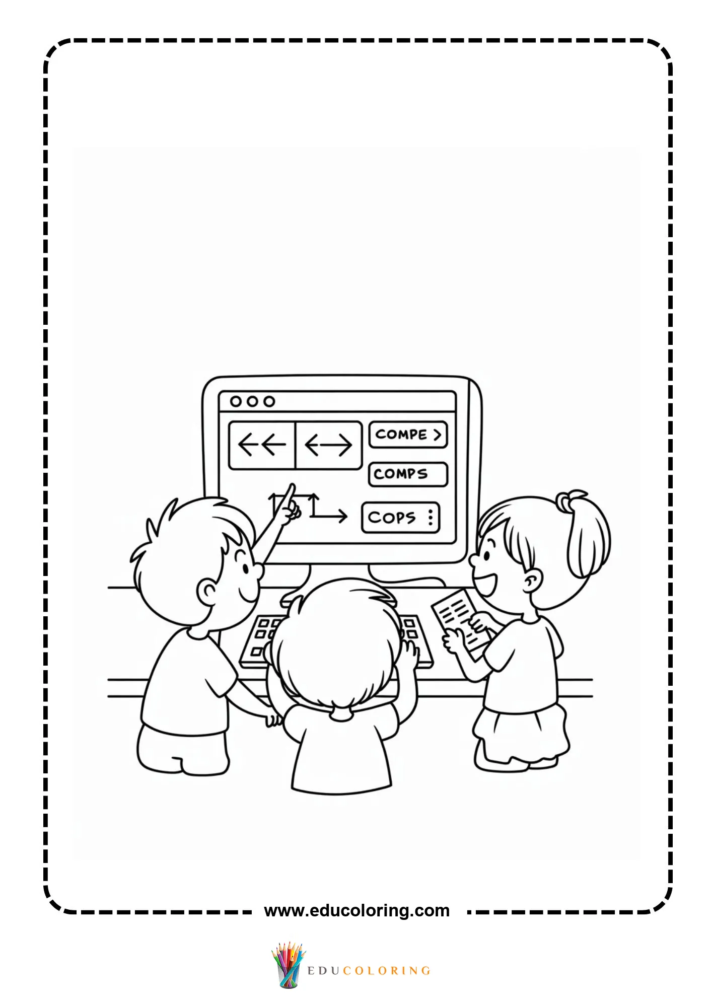Coding coloring page with coding symbols and computer screen