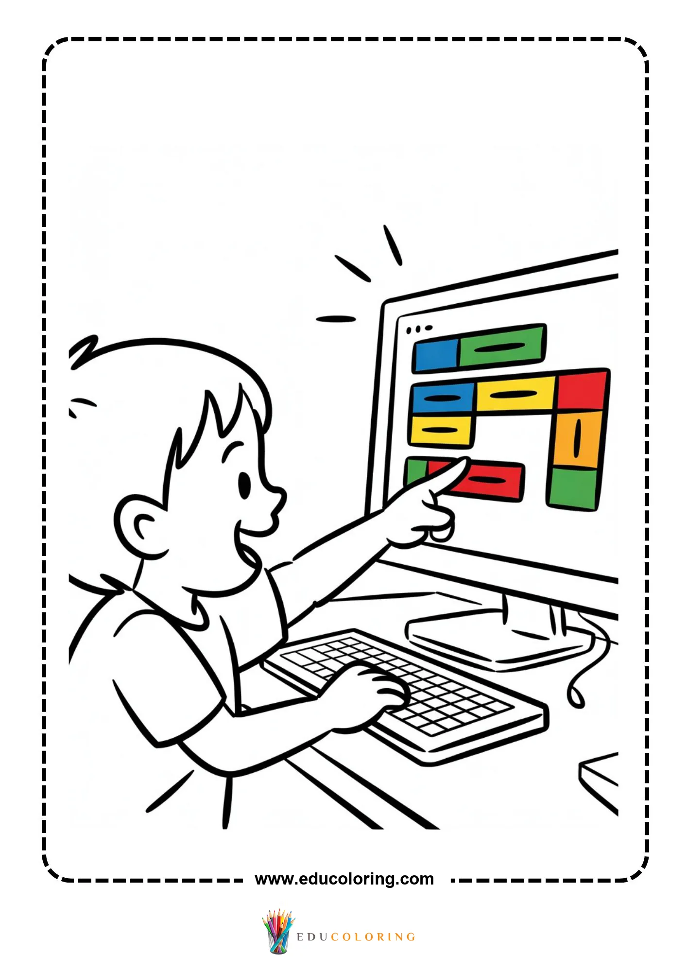 Coding coloring page with flow arrows and code blocks