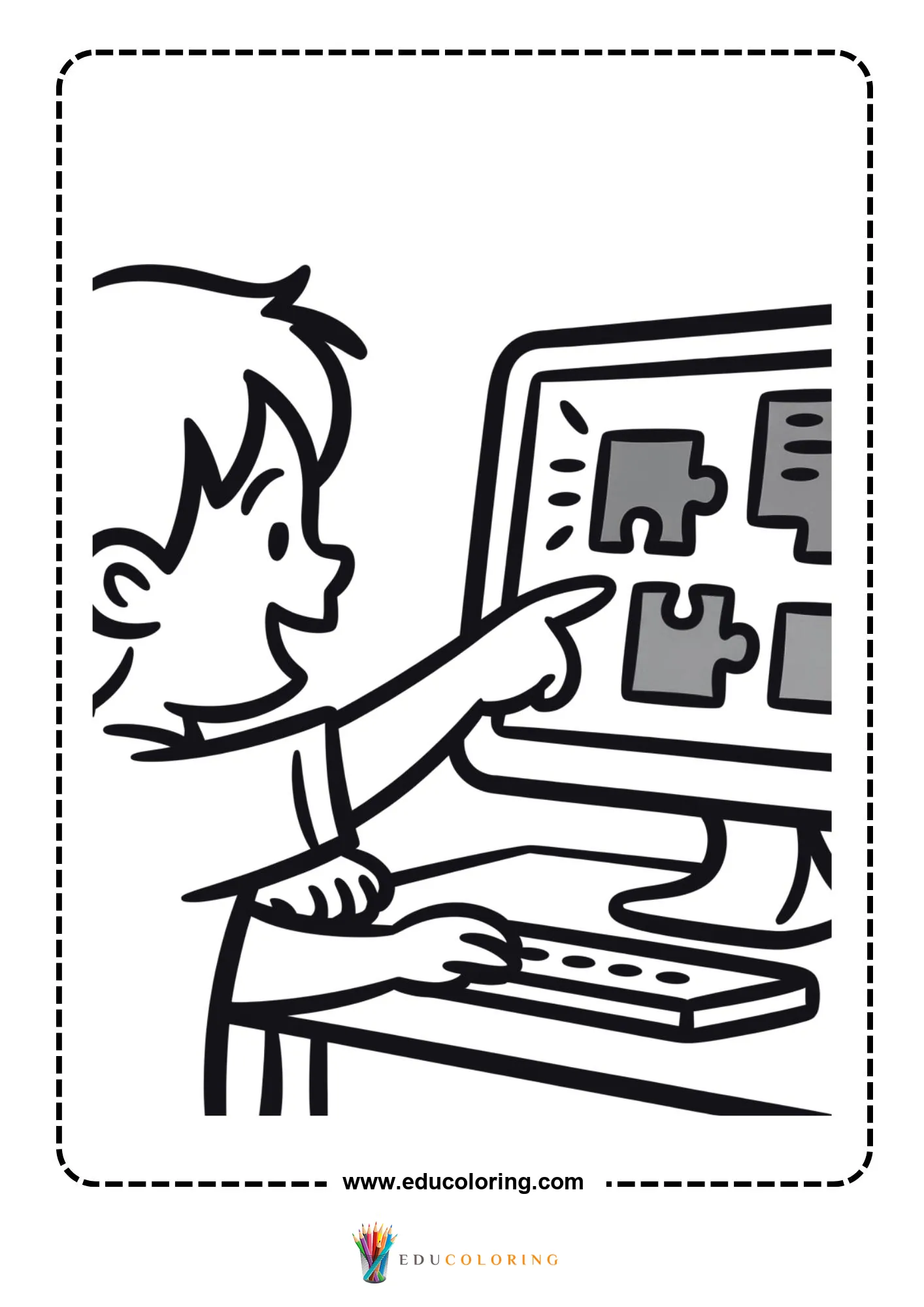 Coding coloring page with young programmer at a keyboard