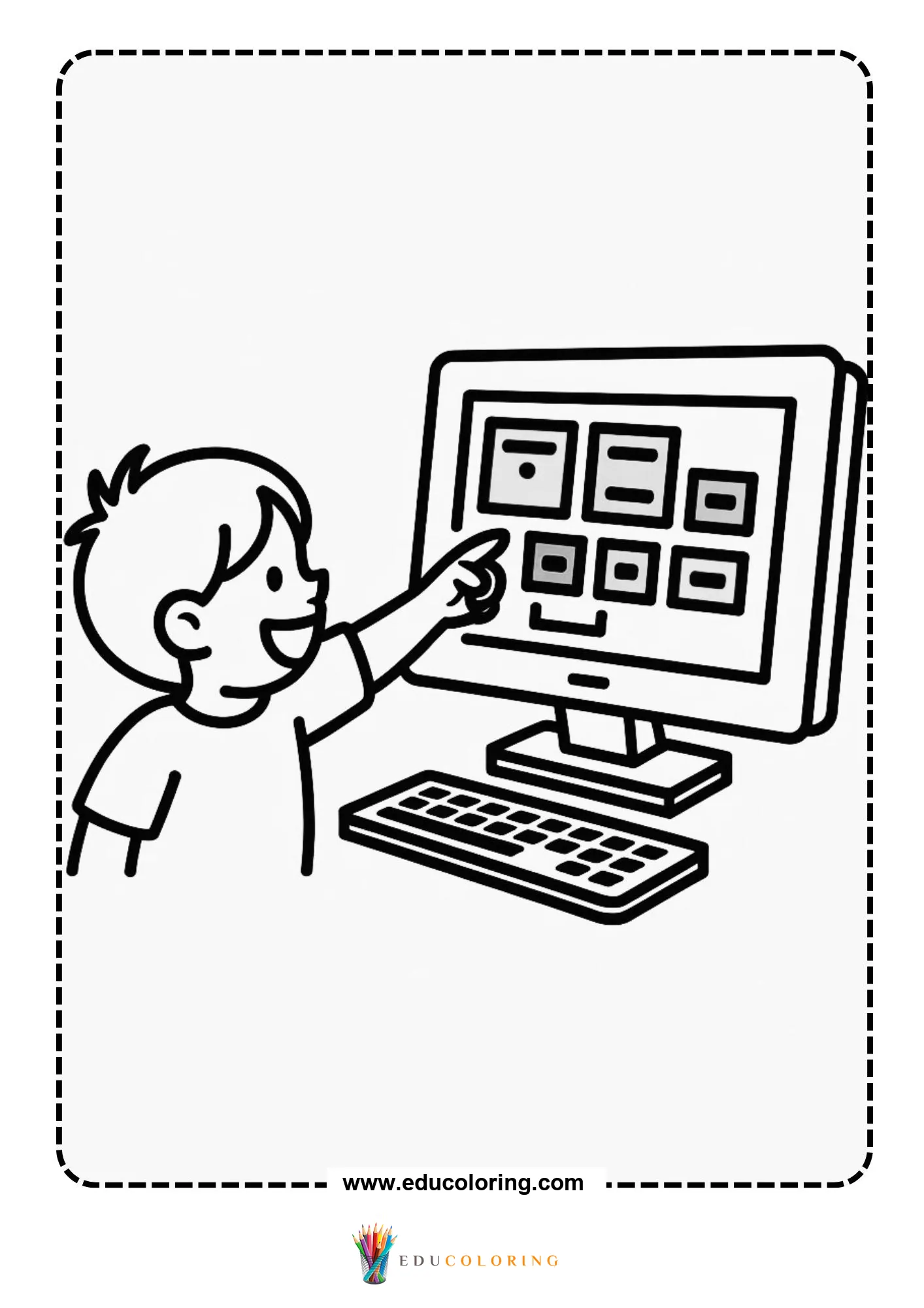 Coding coloring page with computer screen showing code blocks
