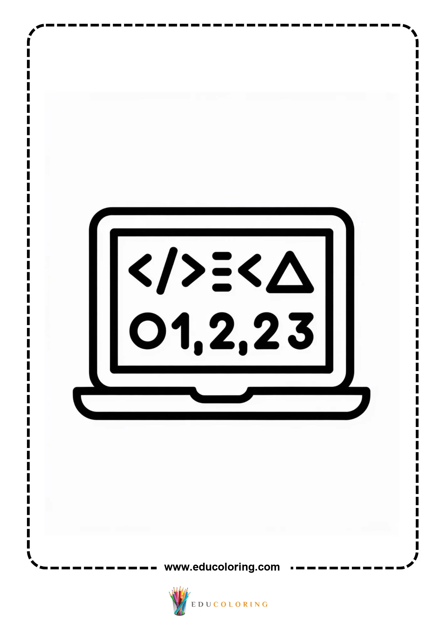 Coding coloring page with algorithm arrows on a monitor