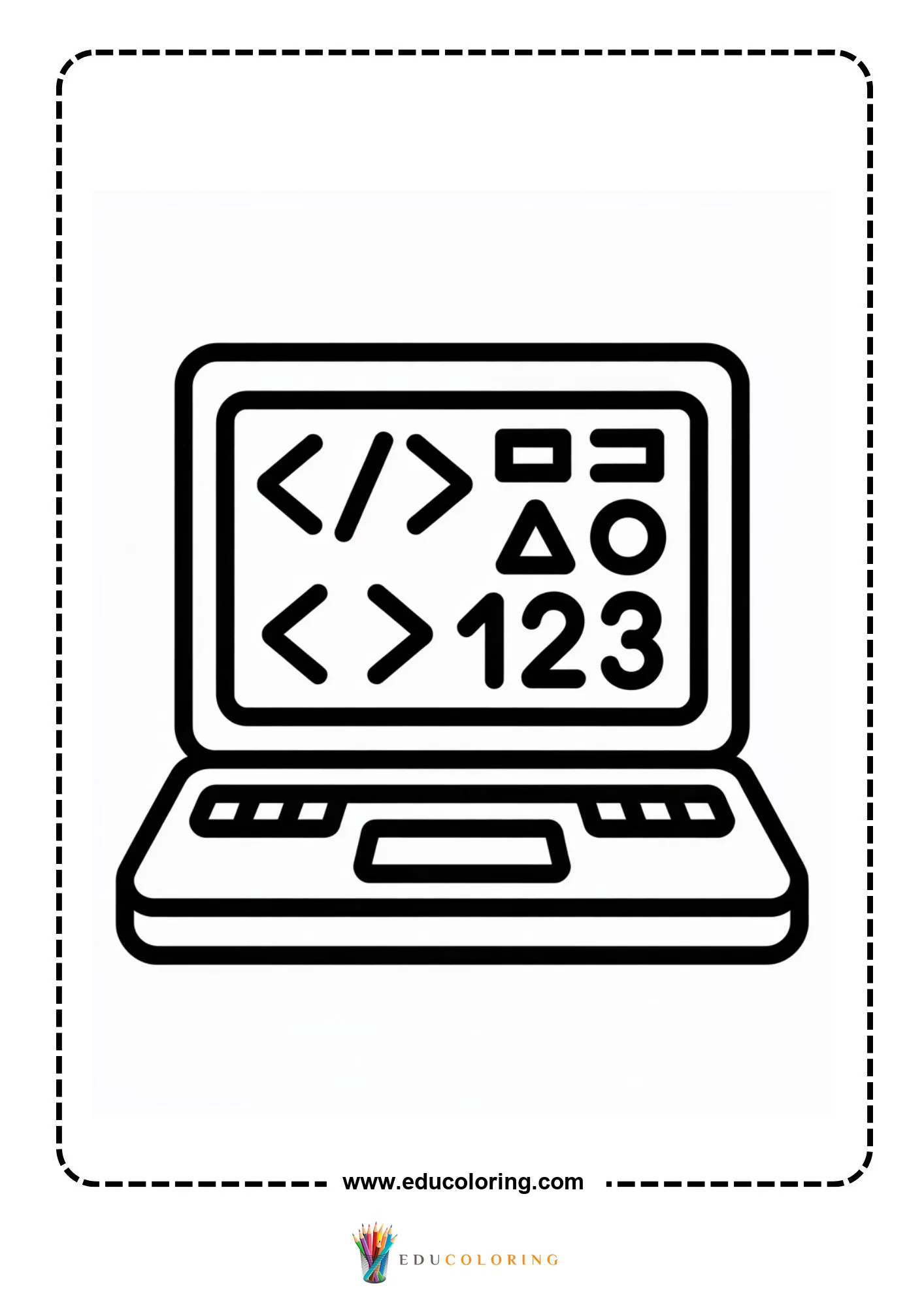 Coding coloring page with kids working around a computer