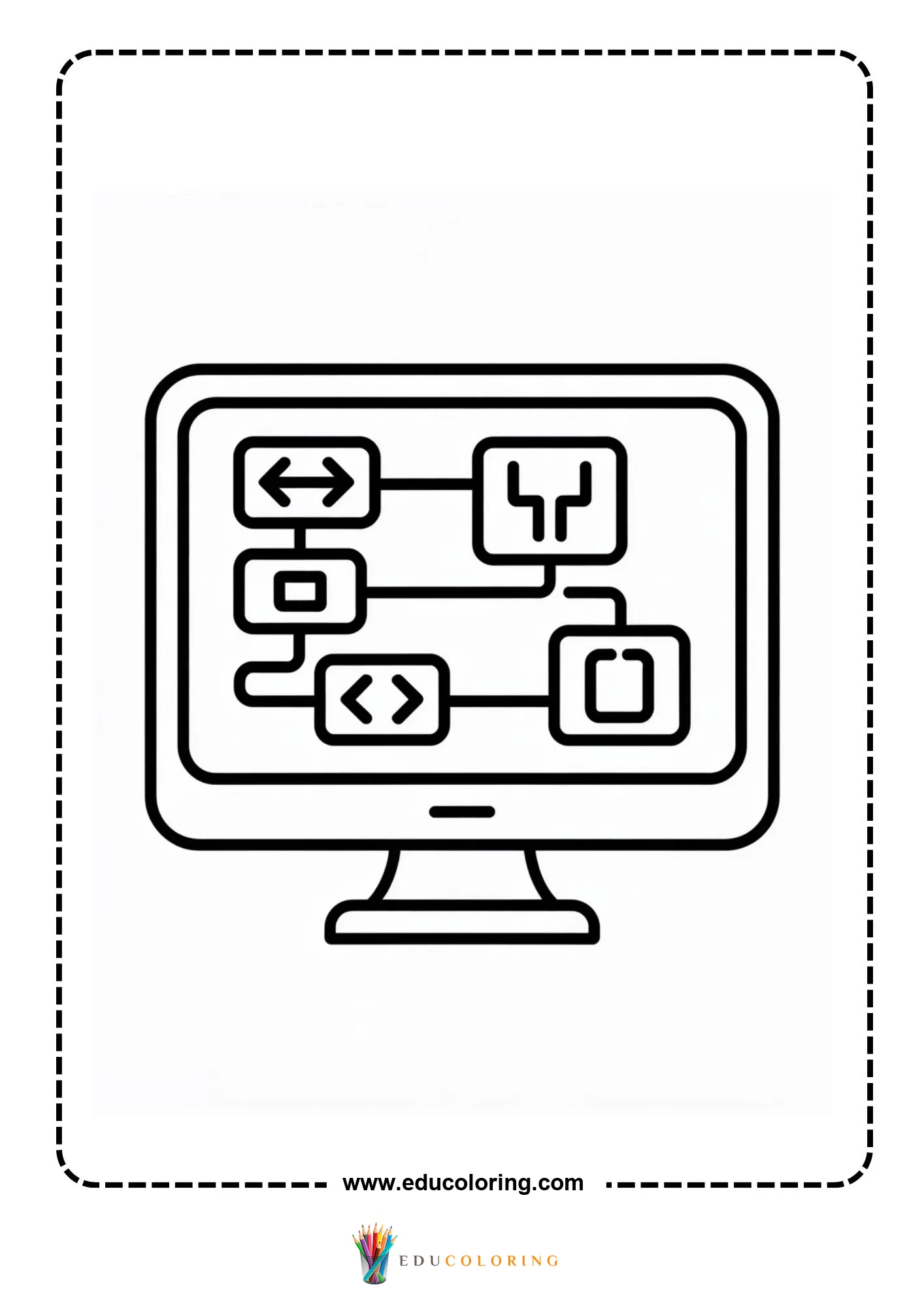 Coding coloring page with computer science notebooks and screen
