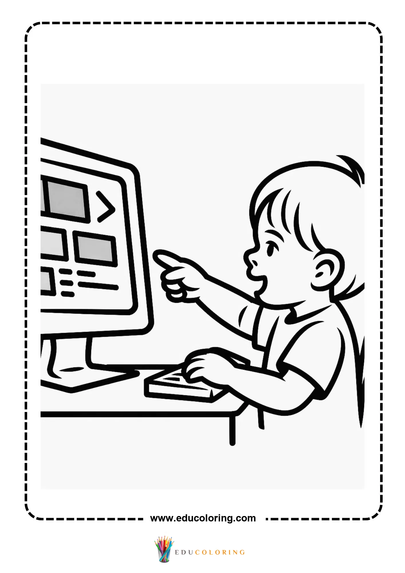 Coding coloring page with kid typing at a laptop