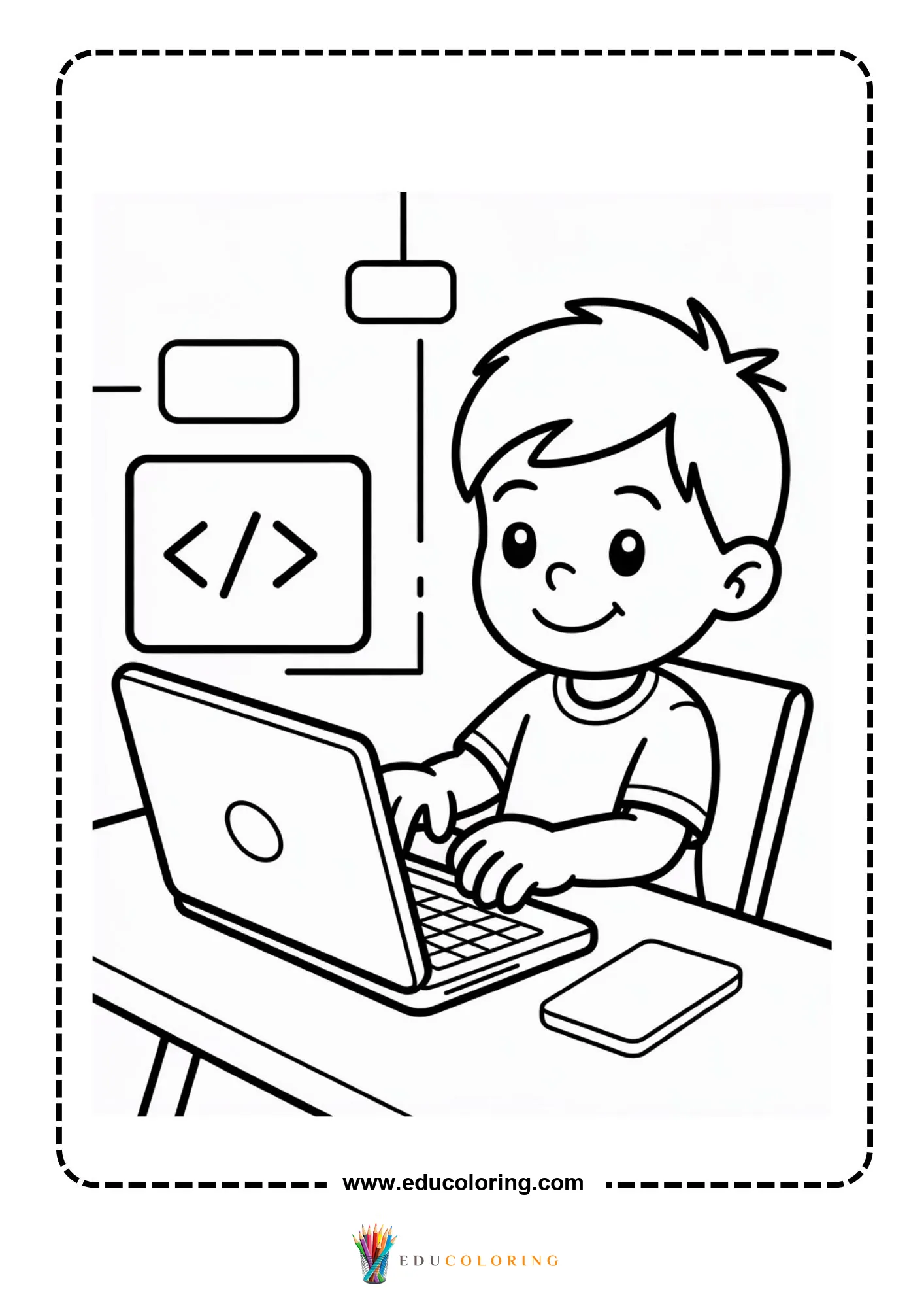 Coding coloring page with child pointing at code instructions