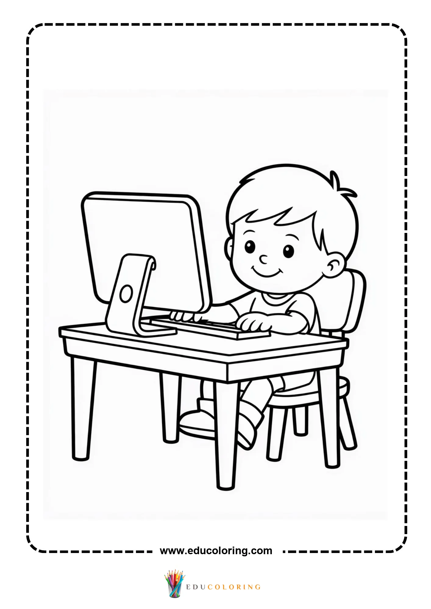 Computer coloring page with child sitting at a computer table