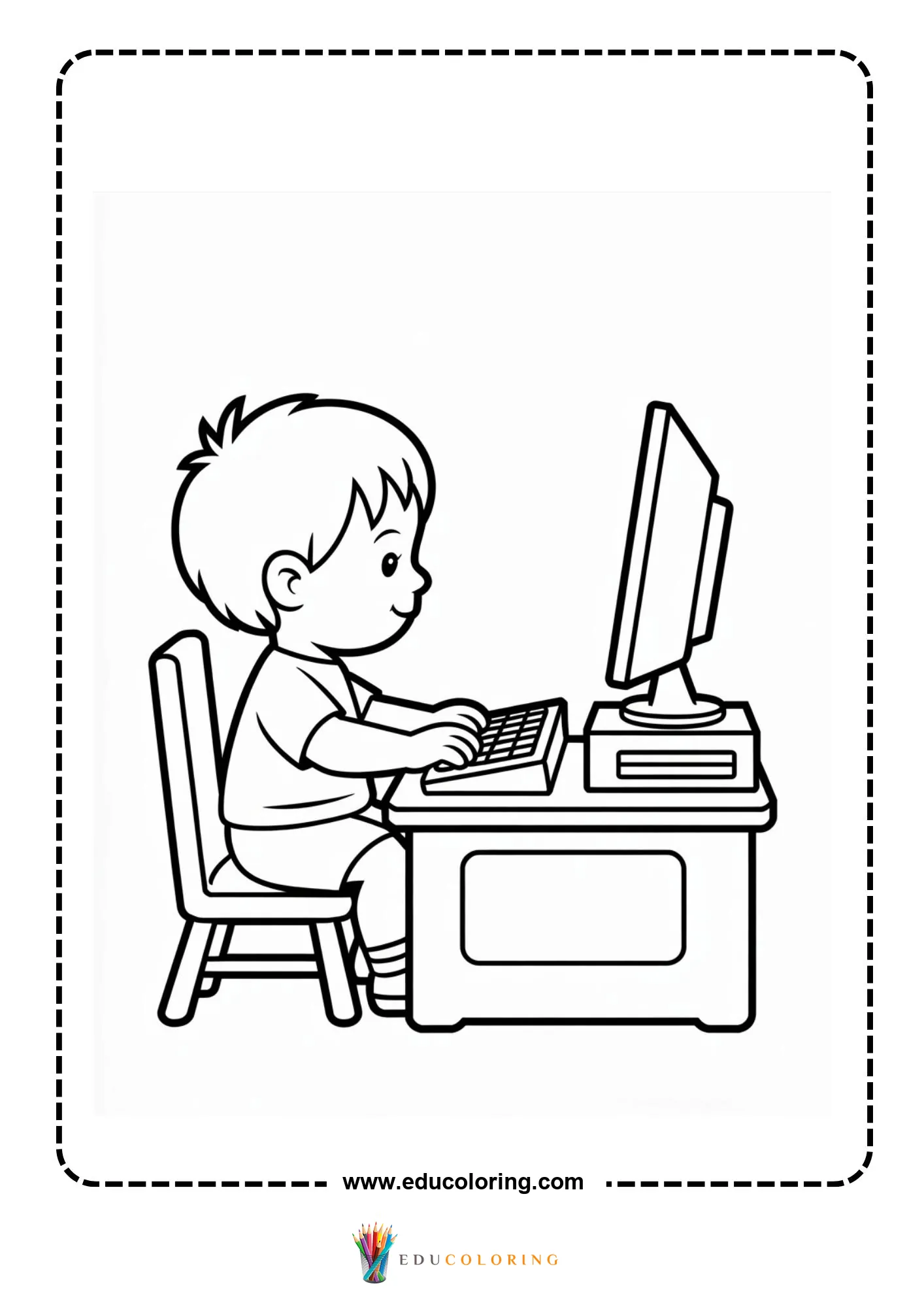 Computer coloring page with computer setup for kids
