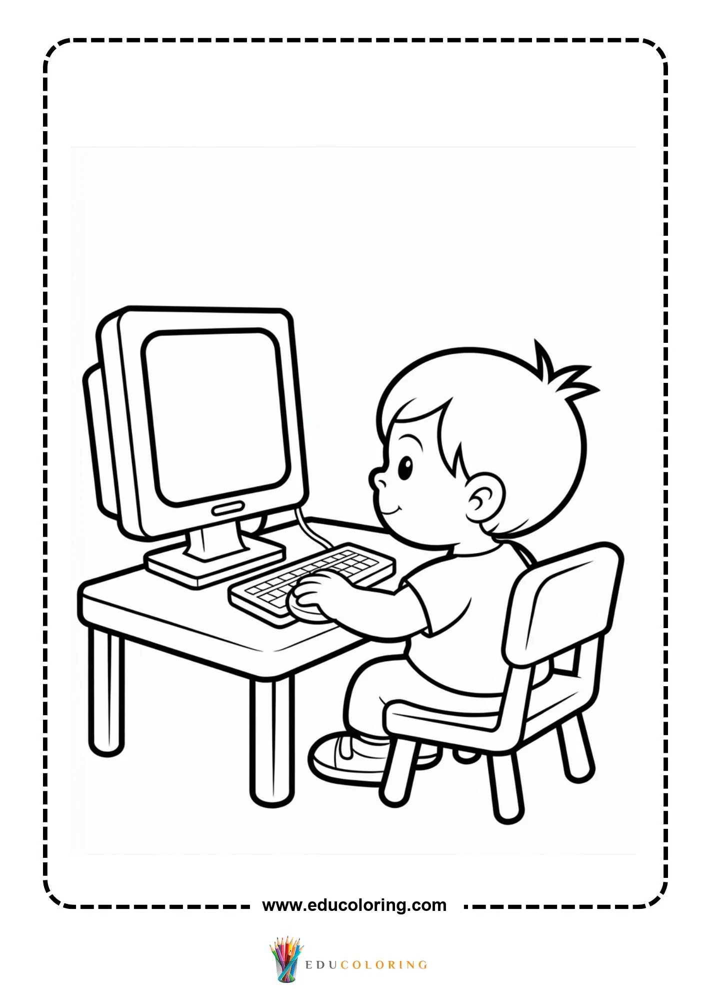 Computer coloring page with boy typing on keyboard