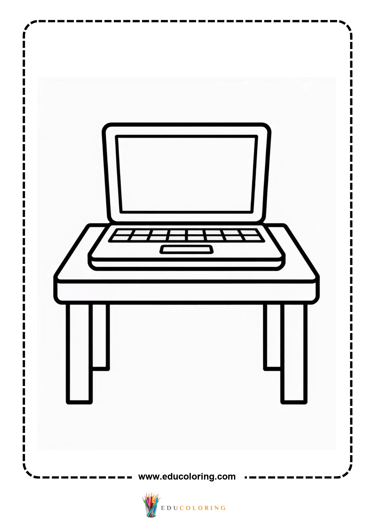 Computer coloring page with simple monitor and desk scene