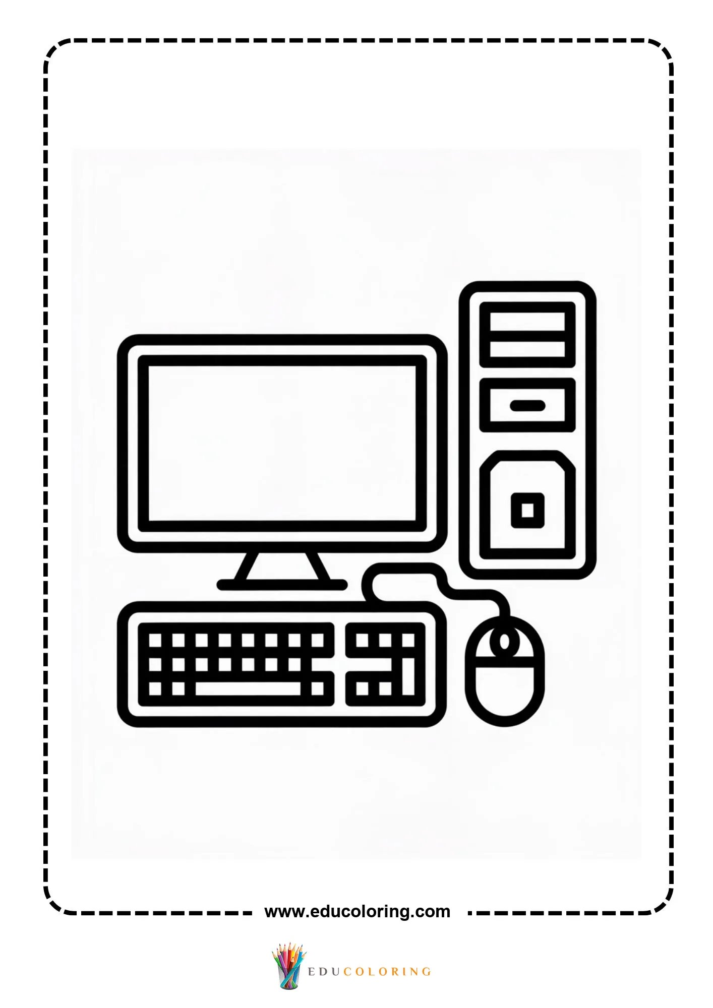 Computer coloring page with classroom computer activity
