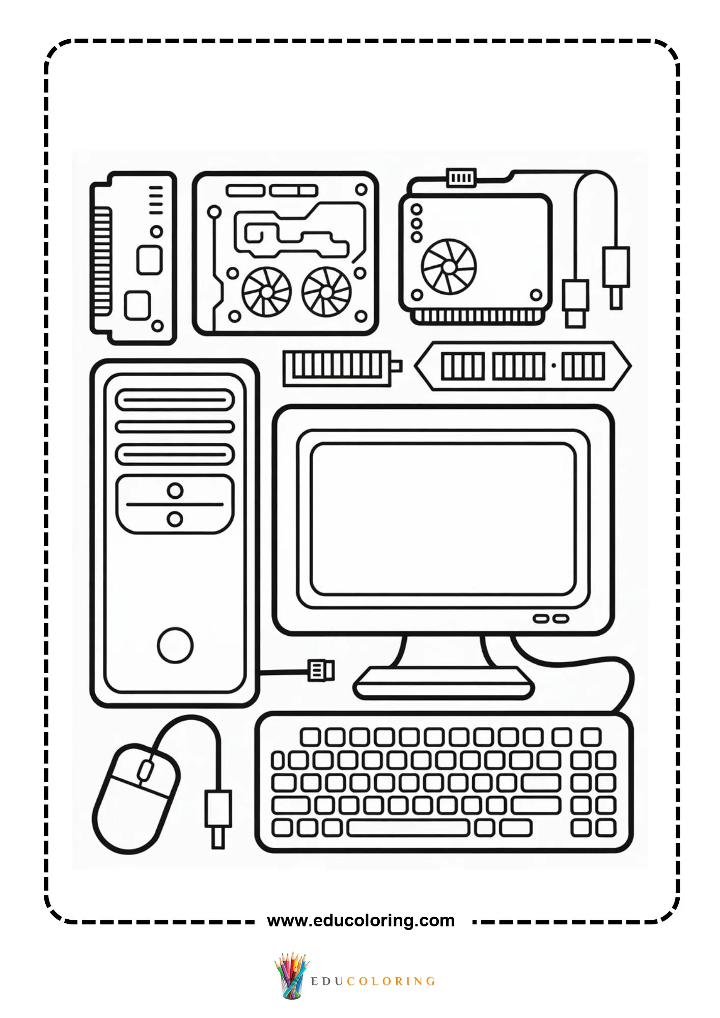Computer coloring page with desktop monitor and cables