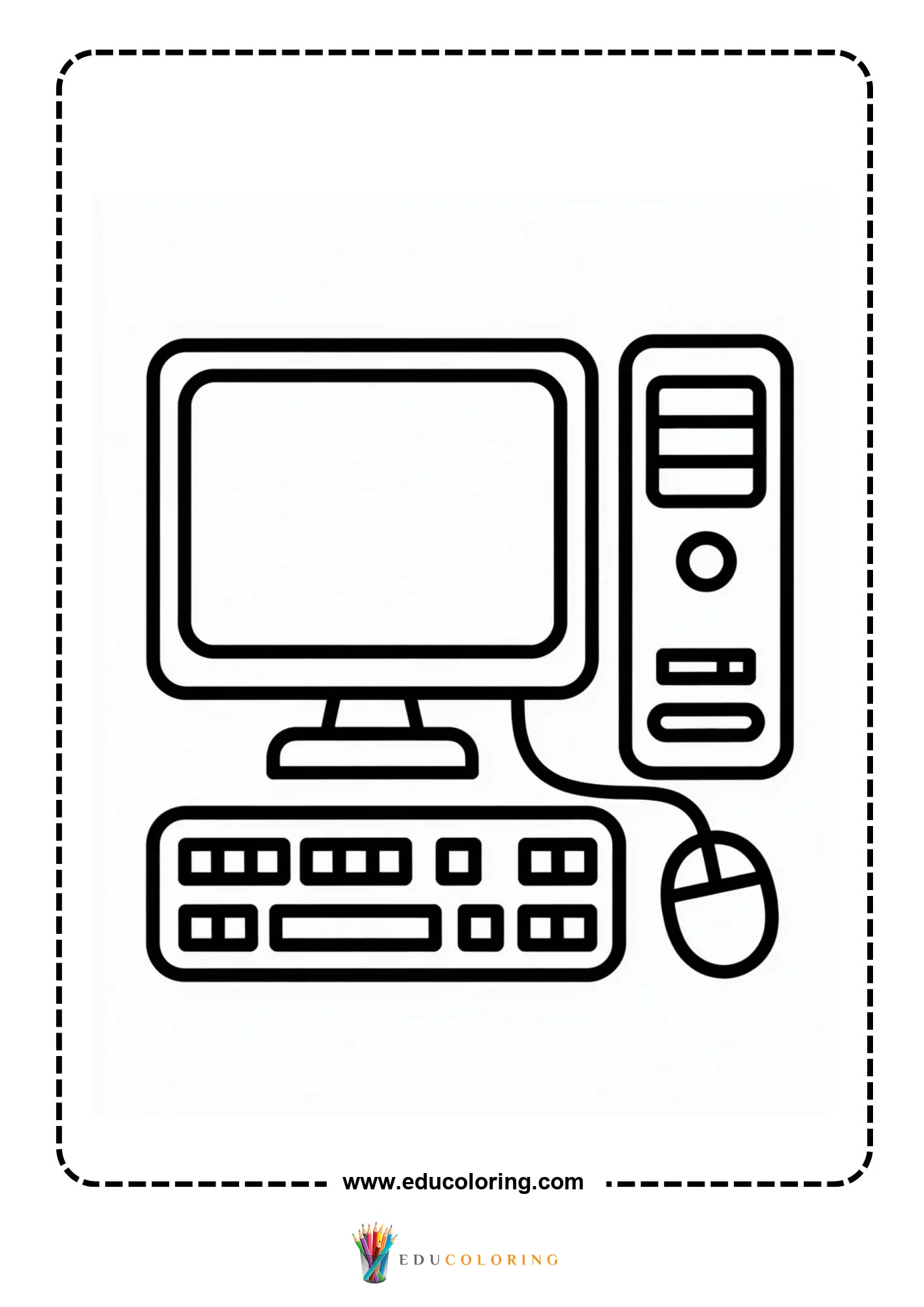 Computer coloring page with kid using a computer mouse