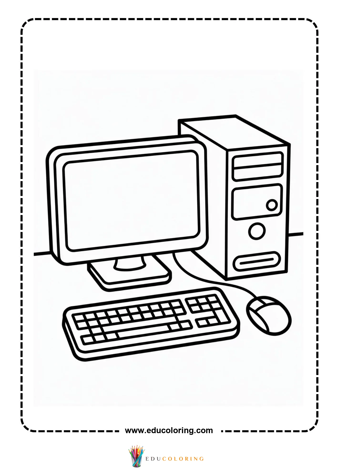 Computer coloring page with technology learning scene