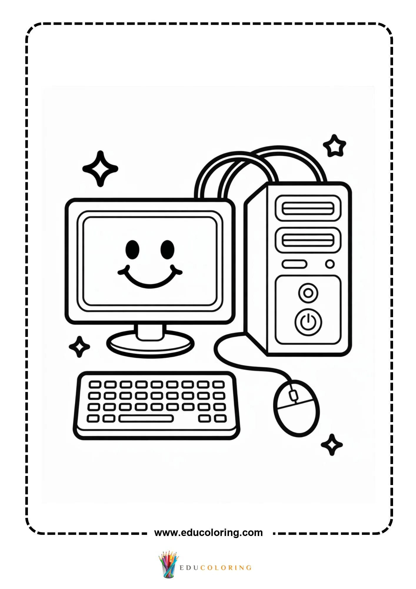 Computer coloring page with computer lab style setup