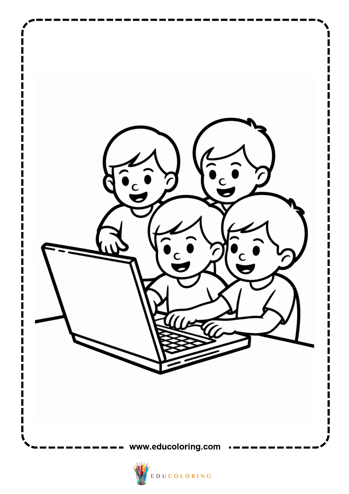 Computer coloring page with kid using a classroom computer