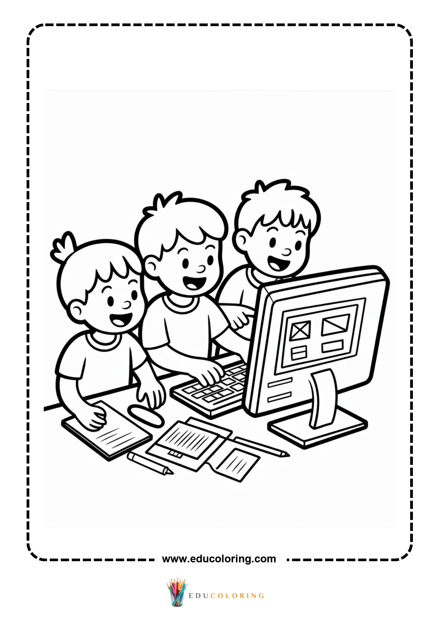 Computer coloring page with smiling child at a workstation