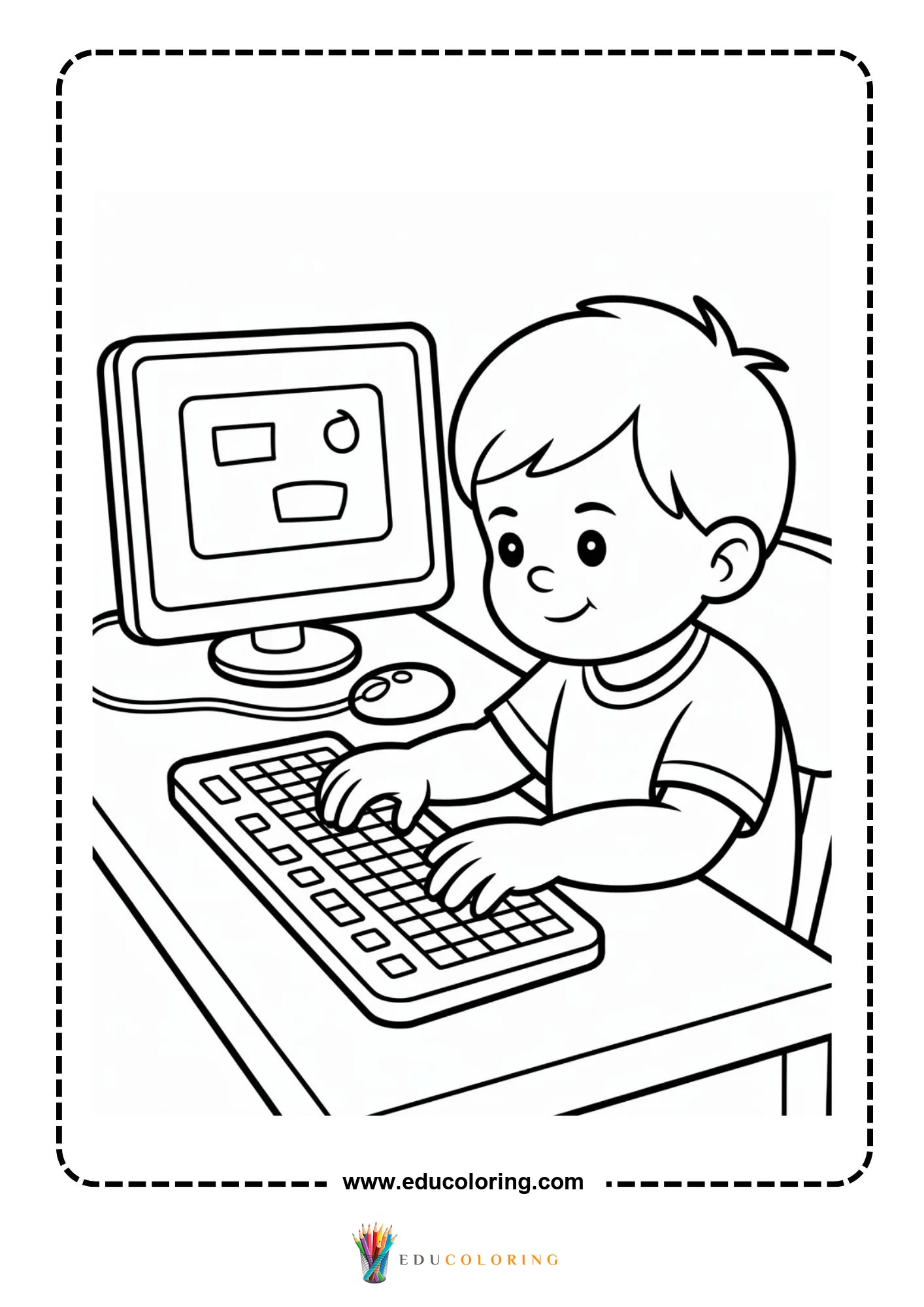 Computer coloring page with computer desk and school supplies