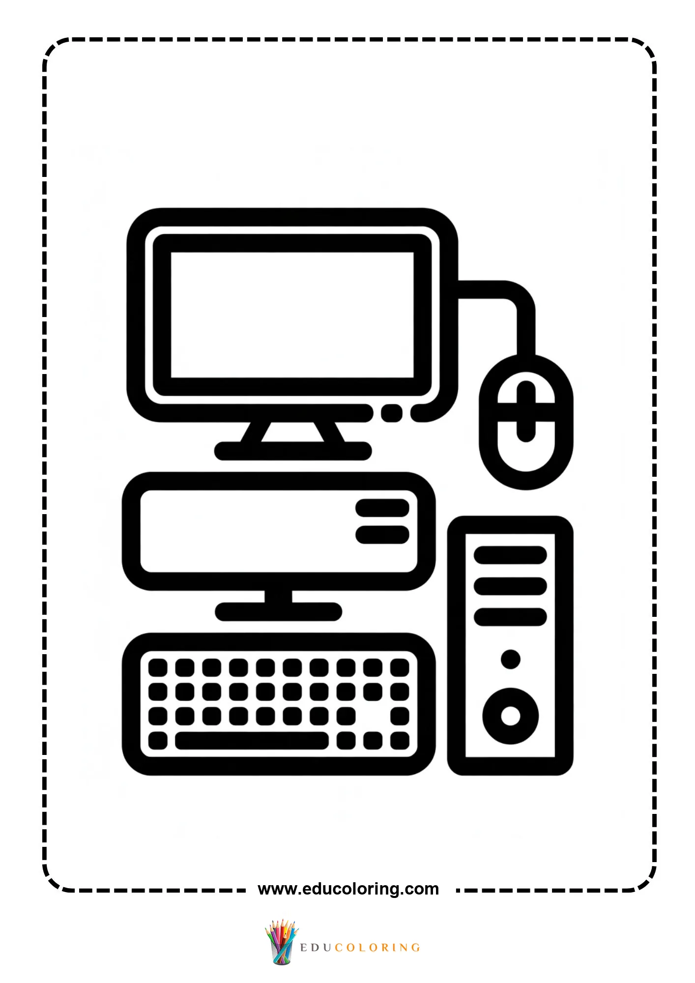 Computer coloring page with desktop computer and blank screen